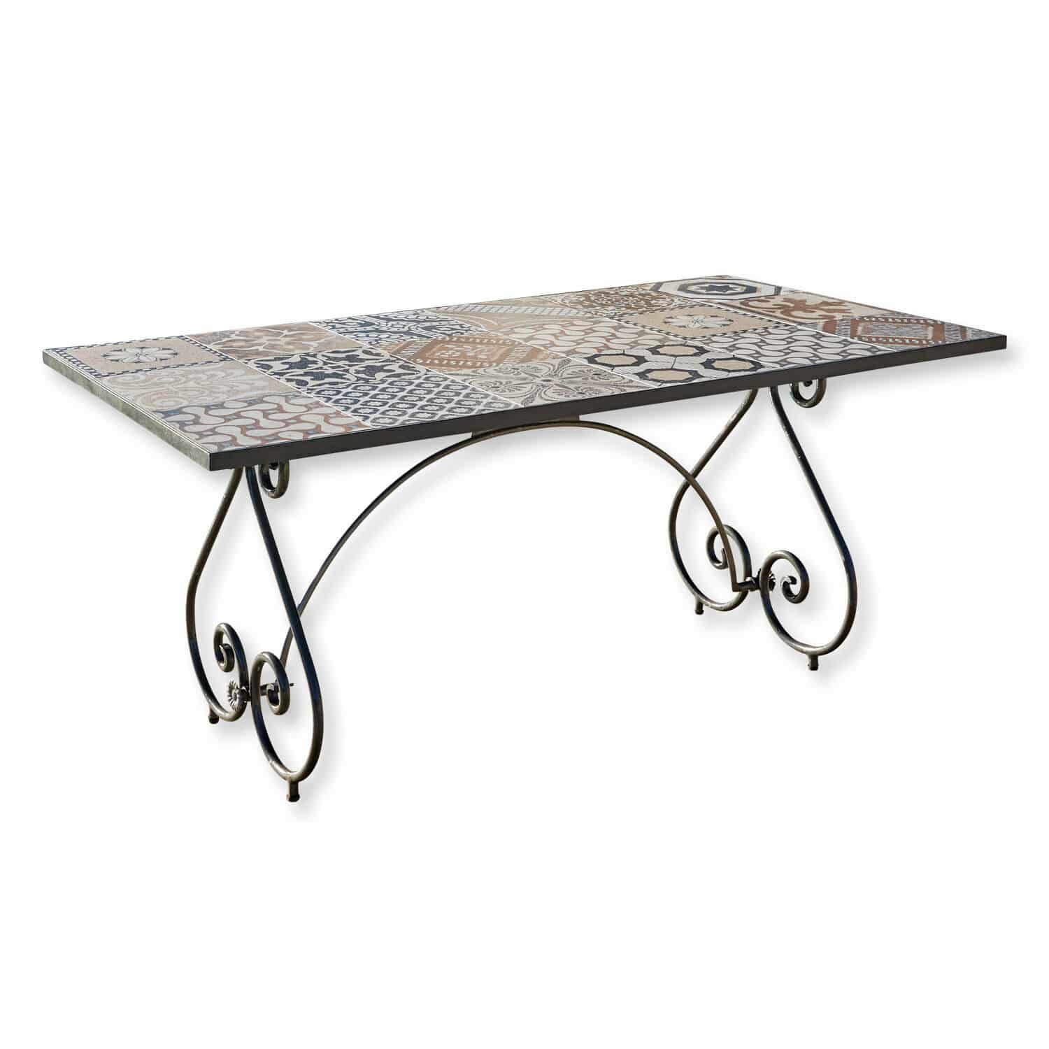 Mesa Grainville Mesa con patas de metal y tablero de azulejos cerámicos con patrones beige y marrón