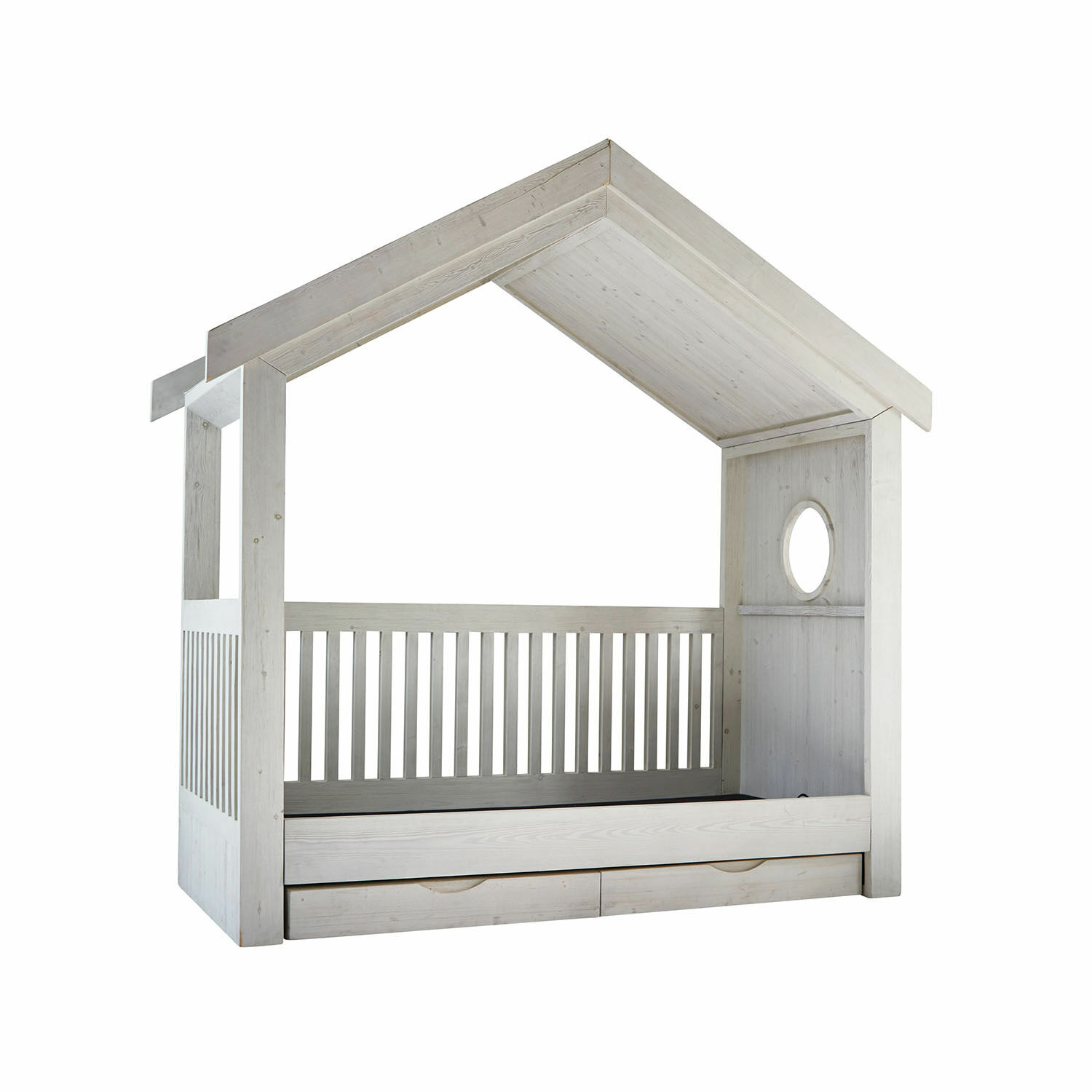 Cama individual Birchwell Cama infantil de madera blanca con forma de casita, cajones de almacenamiento y ventana redonda decorativa