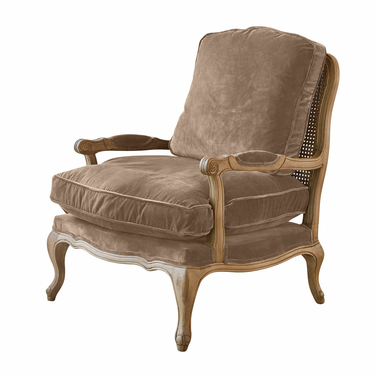 Sillón Corlay Sillón clásico con estructura de madera y tapizado de terciopelo marrón para salón