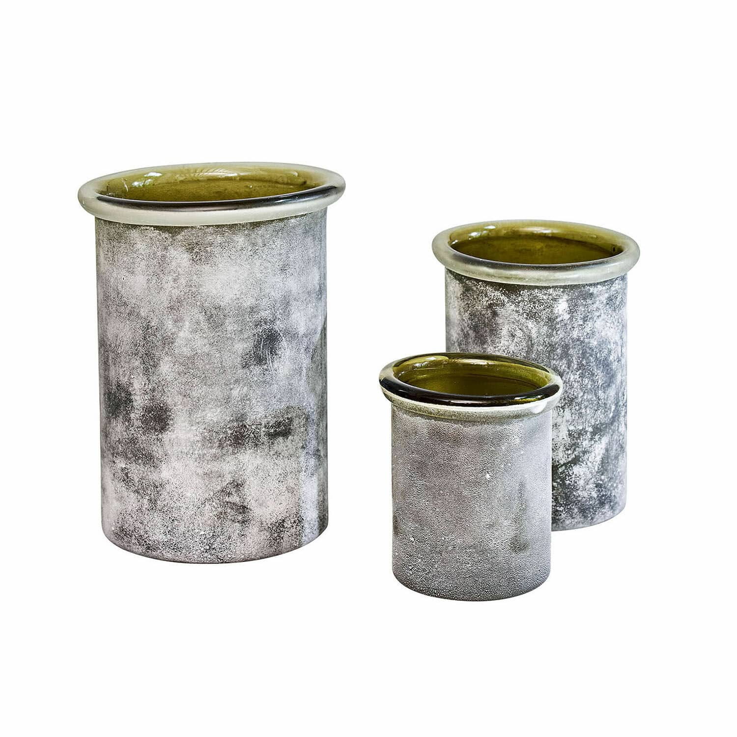 Conjunto de tres jarrones de cerámica gris con interior verde oliva y borde brillante, acabado mate