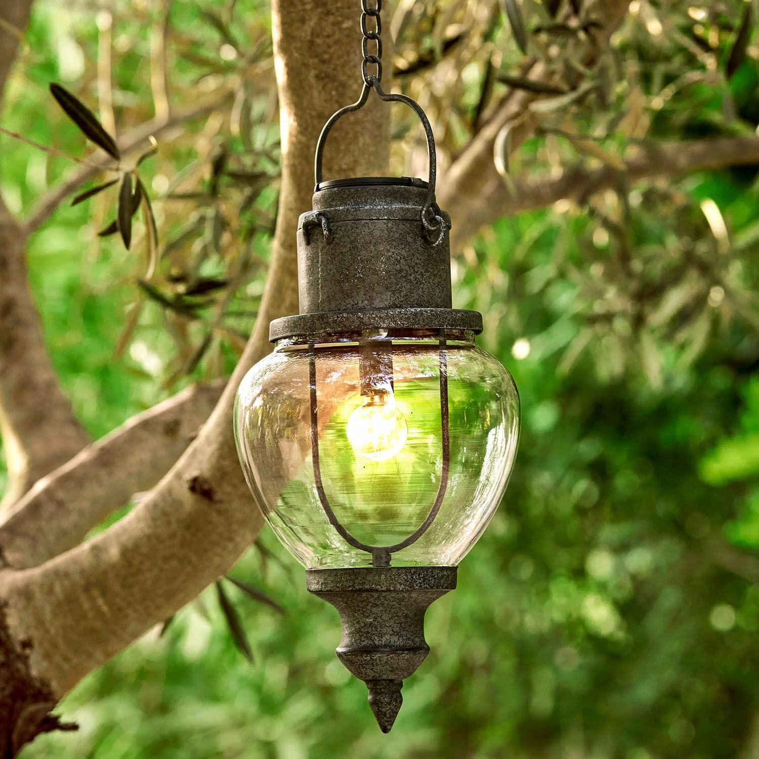 Lámpara solar colgante Relixan Lámpara colgante de exterior de metal gris con pantalla de vidrio transparente, iluminación de jardín