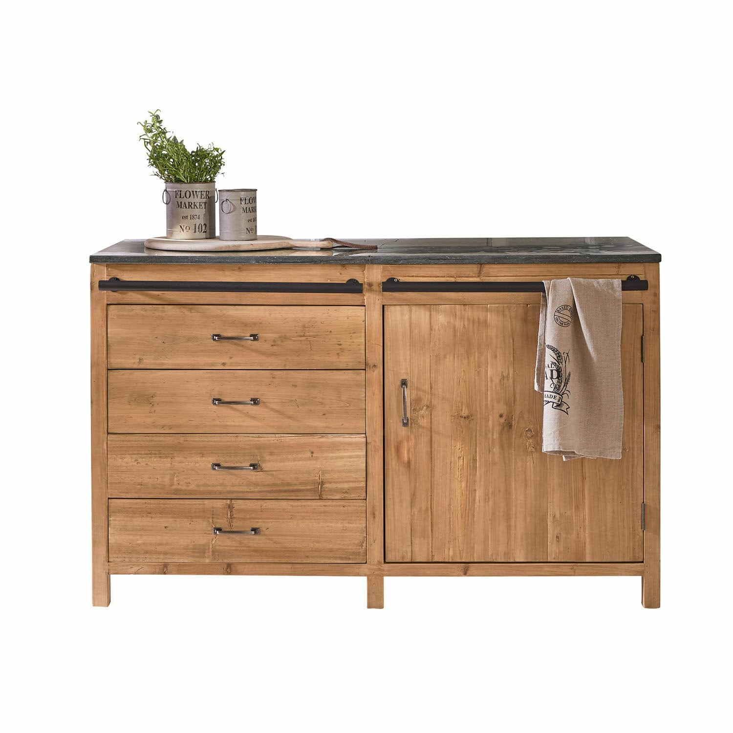 Armario de cocina Sunnybrook Aparador de madera con encimera negra, cuatro cajones y puerta, mueble rústico de cocina