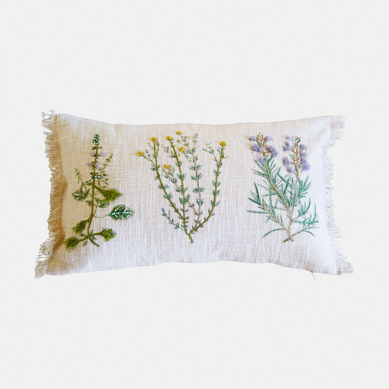 Funda de cojín Sélomiane Cojín rectangular crema con bordado floral y flecos, decoración textil para salón y dormitorio