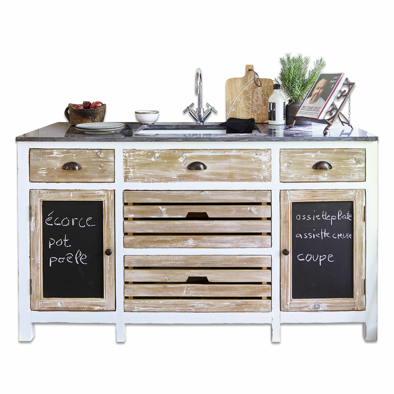 Mueble fregadero Rawlings en blanco antiguo y marrón con encimera de mármol y fregadero integrado