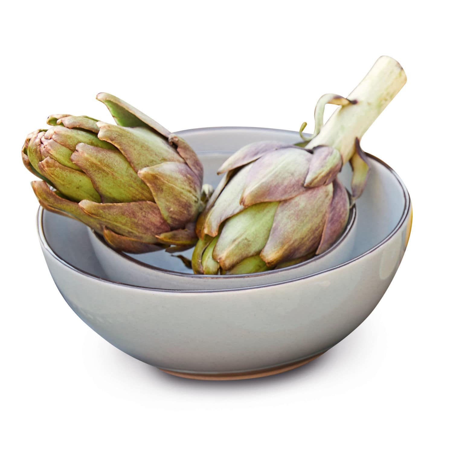 Juego de dos cuencos de cerámica gris Biarritz con alcachofas, ideal para cocina y decoración