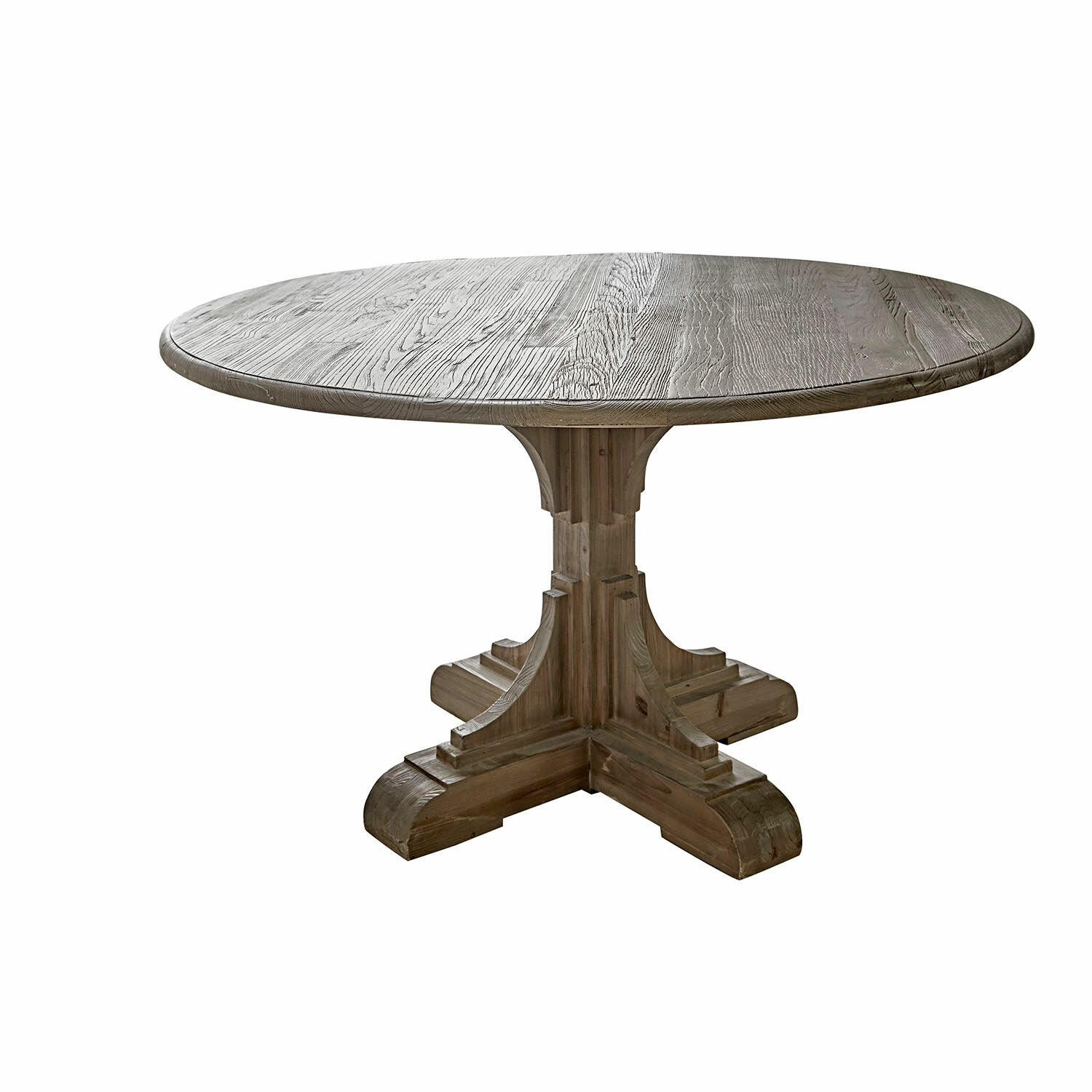 Mesa redonda de madera color natural con base decorativa, ideal para comedor y salón