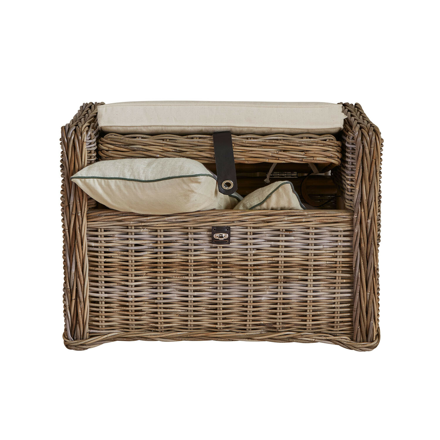 Baúl Chantivelle Cesta de picnic de mimbre natural con cojines crema y correa de cuero oscuro, material natural