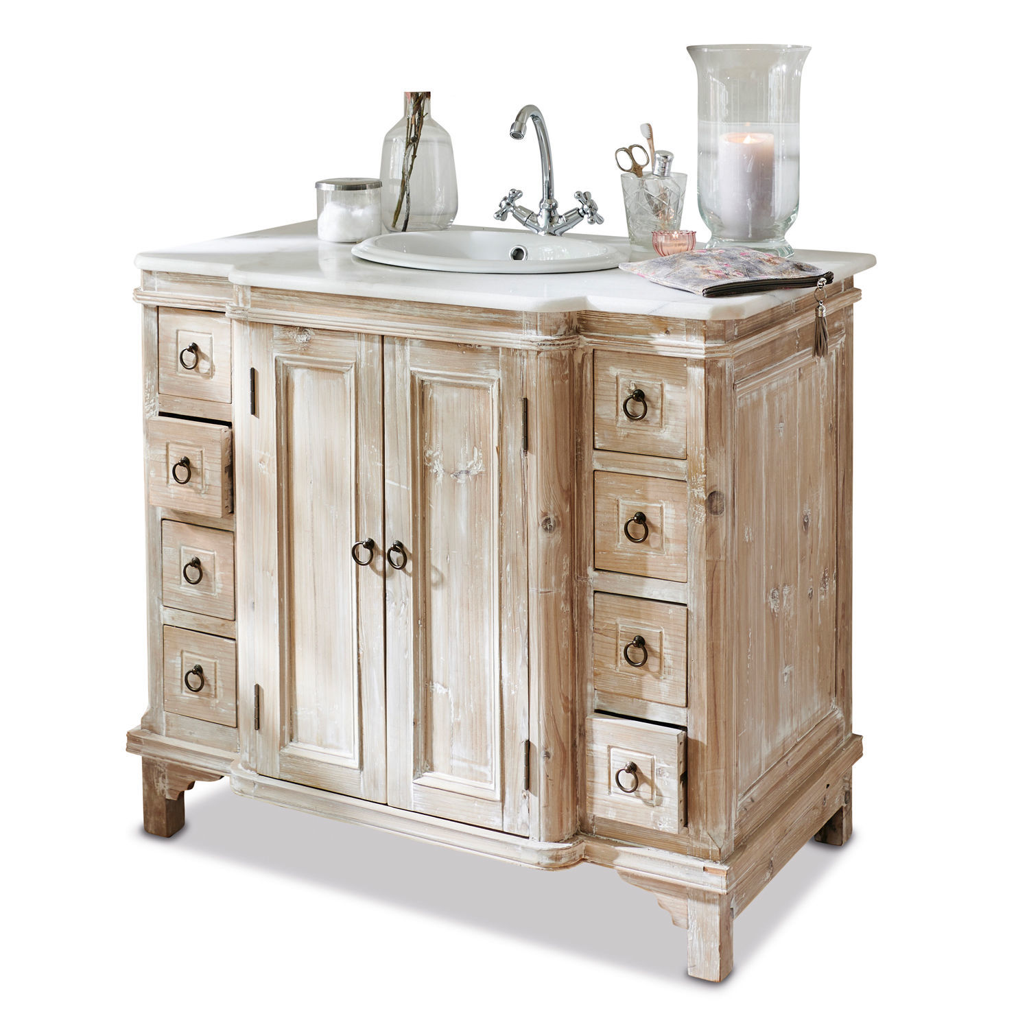 marrón/blanco Mueble de baño Waschtisch Sunderland de madera blanqueada con lavabo y cajones