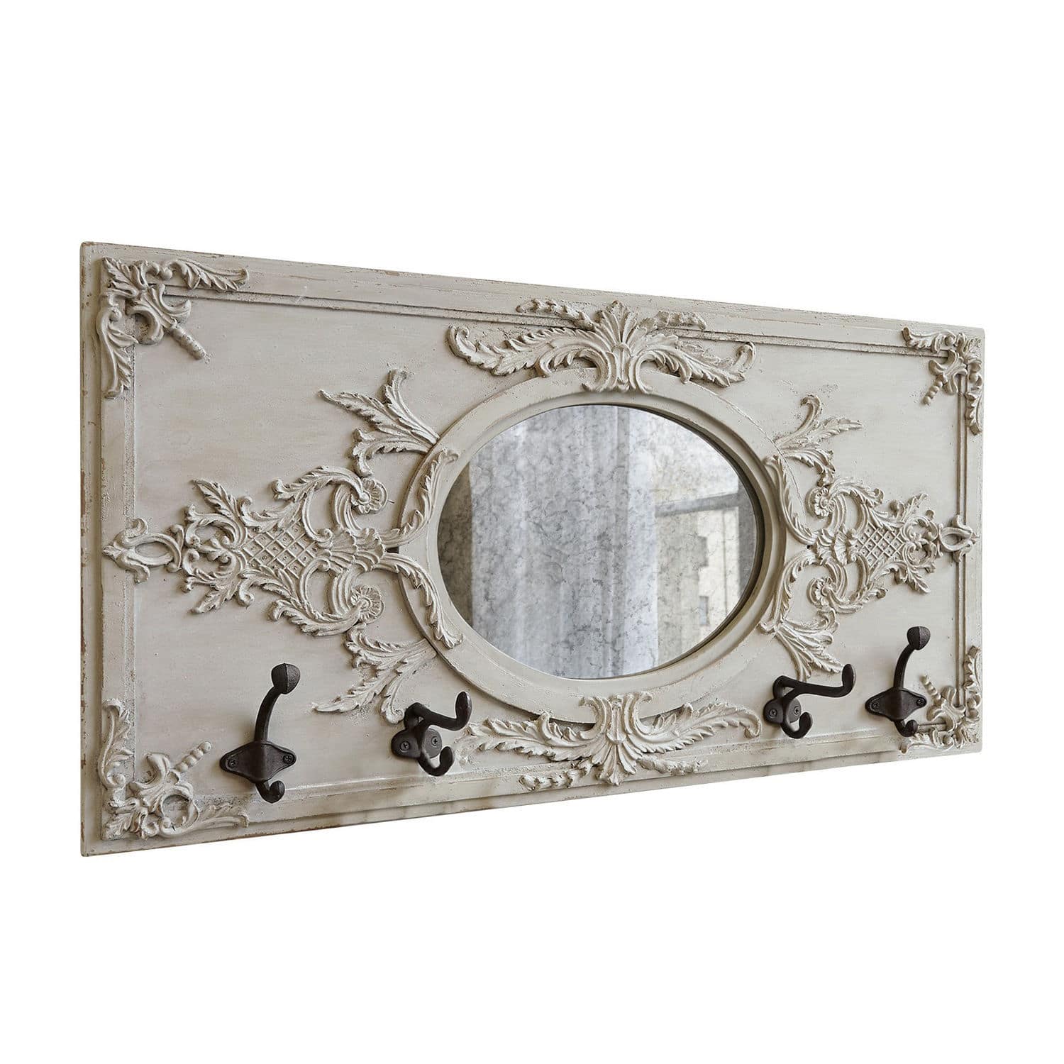 Perchero con espejo Béatrice Perchero de pared decorativo de madera beige con espejo ovalado y ganchos metálicos