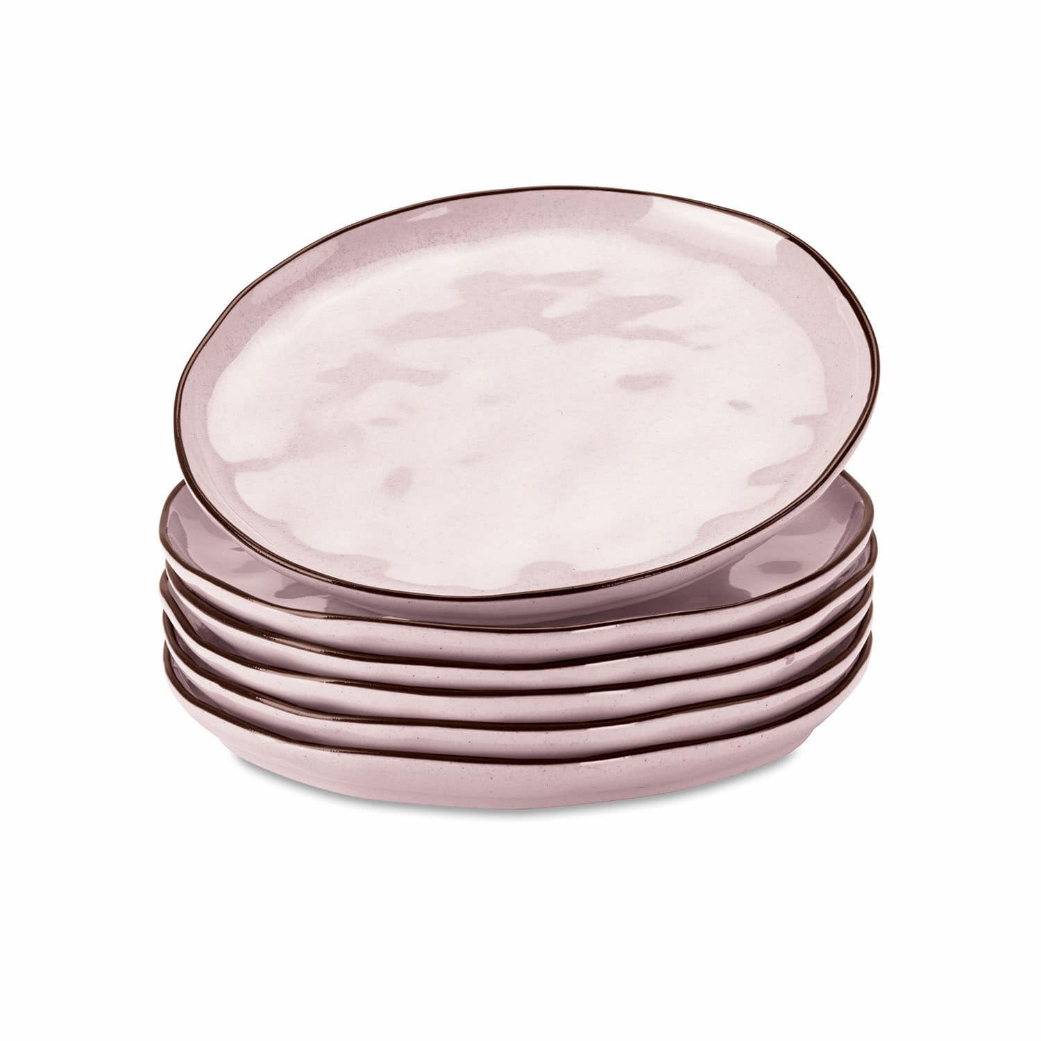 Set de 6 platos de postre Biarré Juego de seis platos de cerámica rosa claro con borde marrón para servir comidas