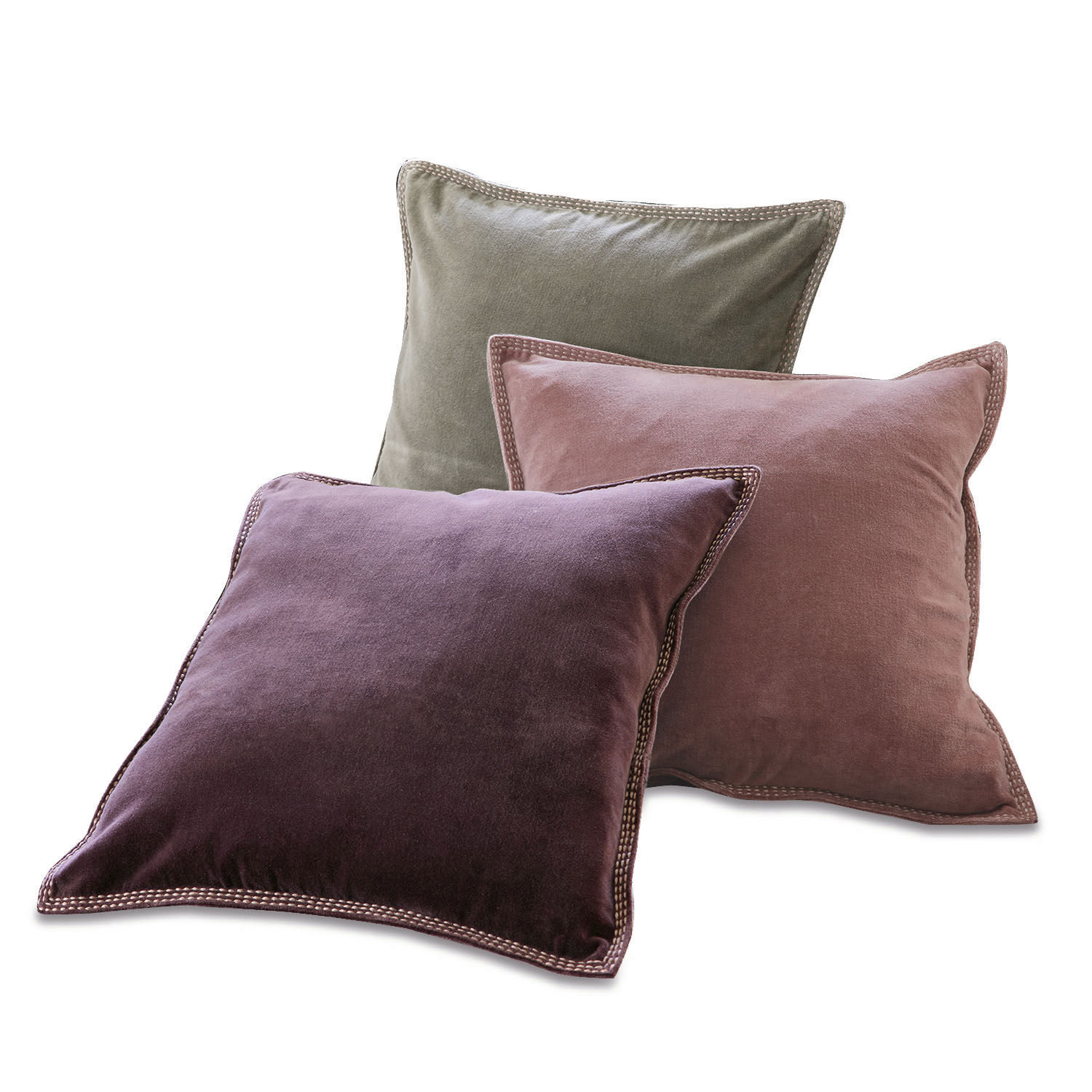 Set de 3 cojines Allonnes Conjunto de tres cojines de terciopelo en tonos violeta, rosa y verde para decoración de interiores