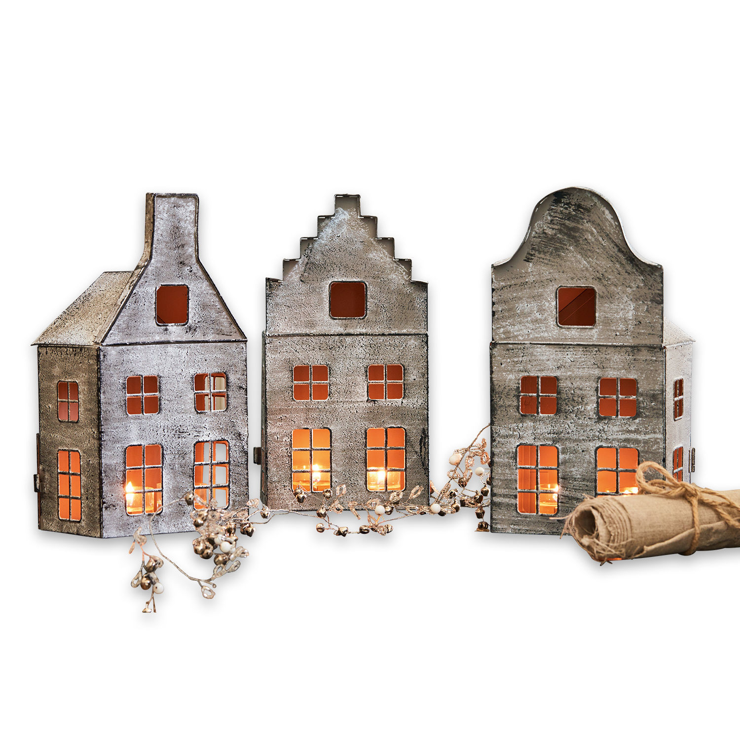 Set de 3 farolillos Allison Park Faroles metálicos en forma de casas con acabado gris y luz cálida de vela