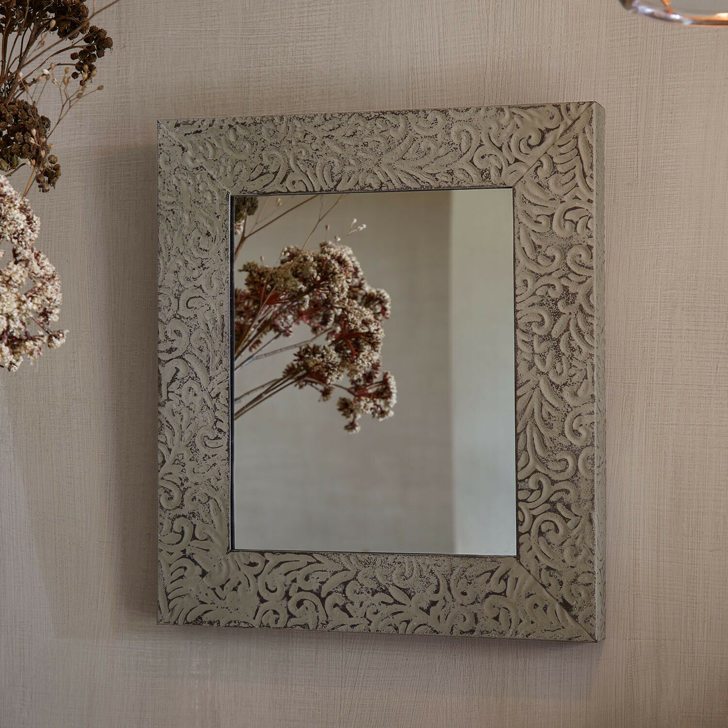 Espejo de pared Alenasse Espejo cuadrado con marco gris decorado en relieve, decoración de pared elegante