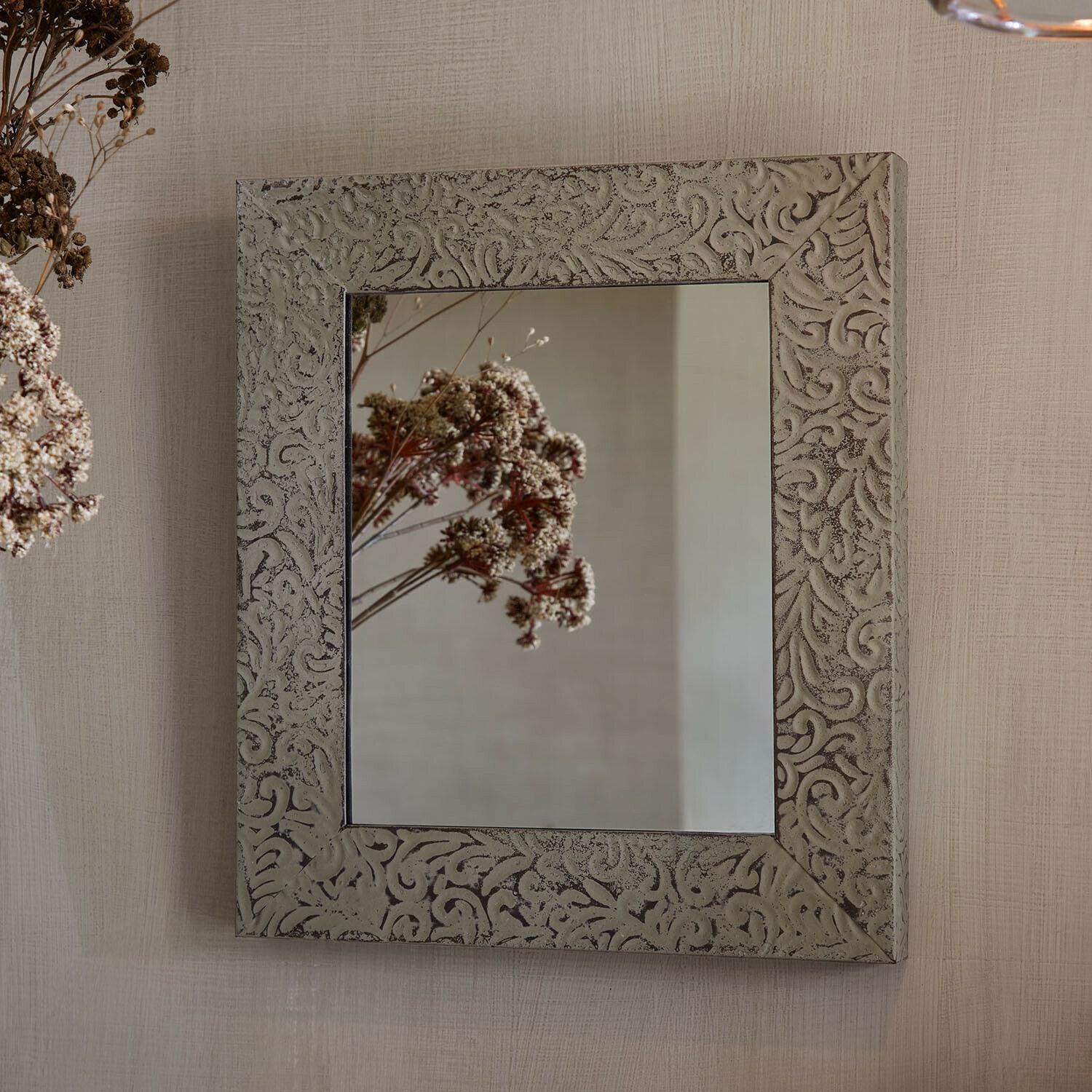Espejo de pared Alenasse Espejo cuadrado con marco gris decorado en relieve, decoración de pared elegante