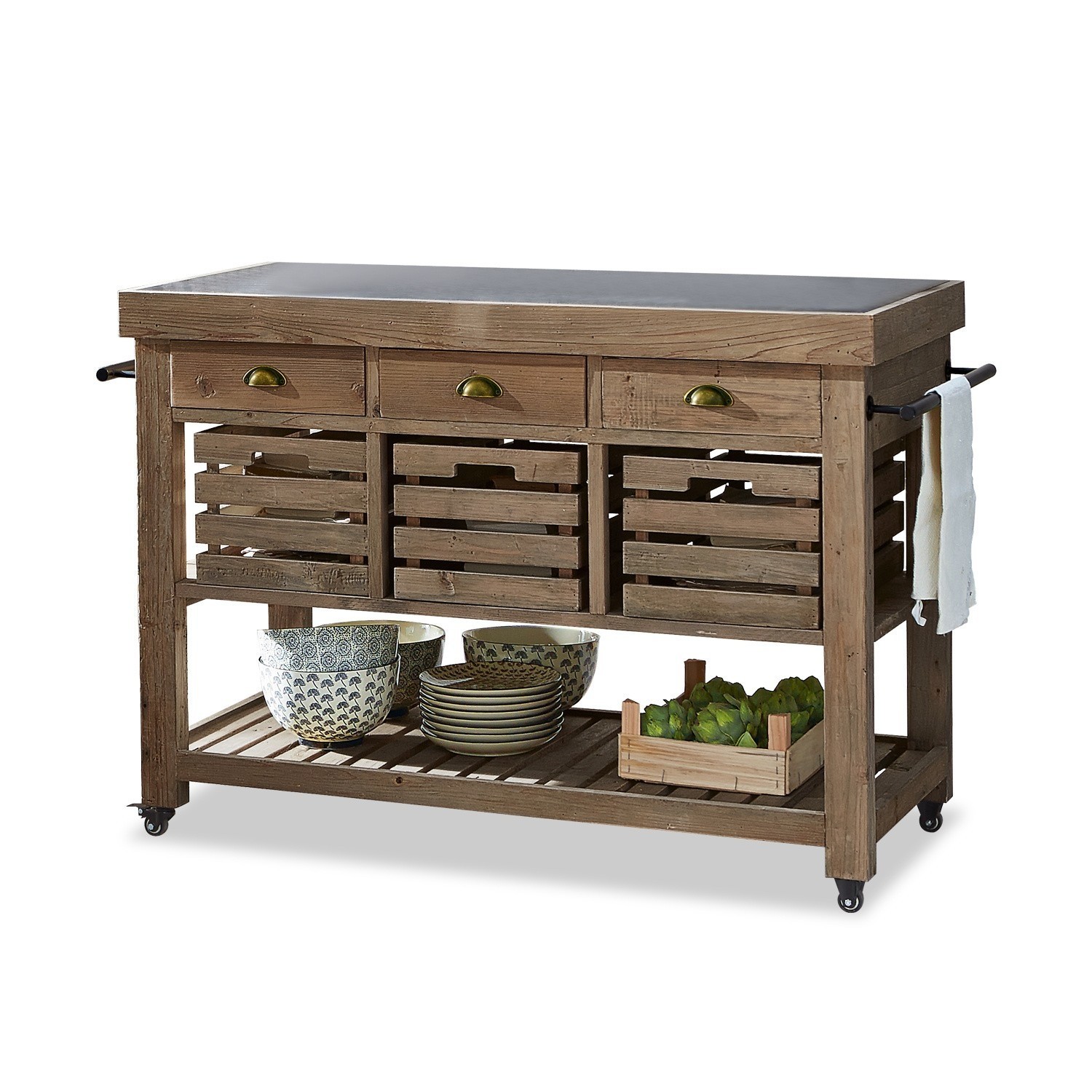 Mueble de cocina Haddonfield Carro de cocina de madera con cajones y estantes, encimera metálica, mueble práctico para almacenamiento