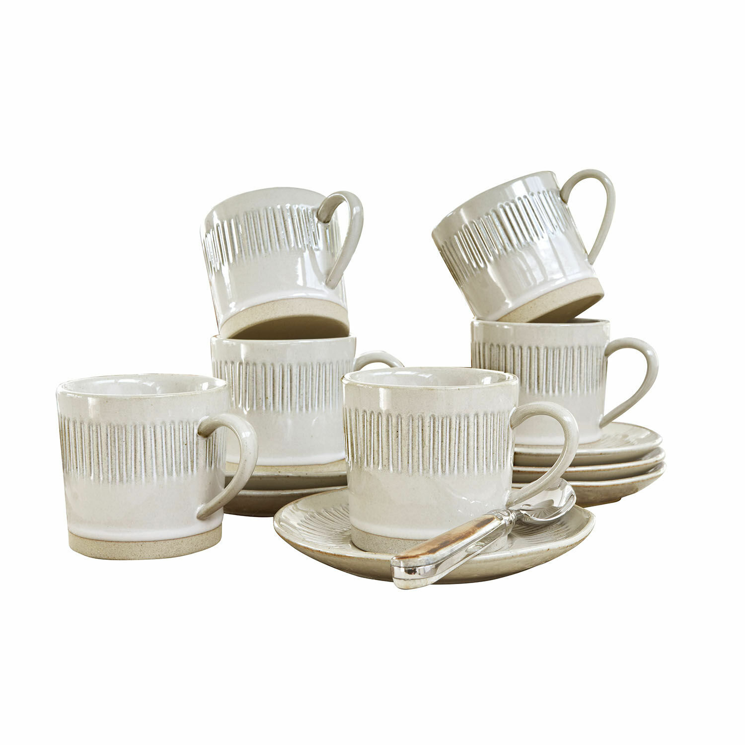 Set de 6 tazas y platos de cerámica beige con diseño texturizado para café