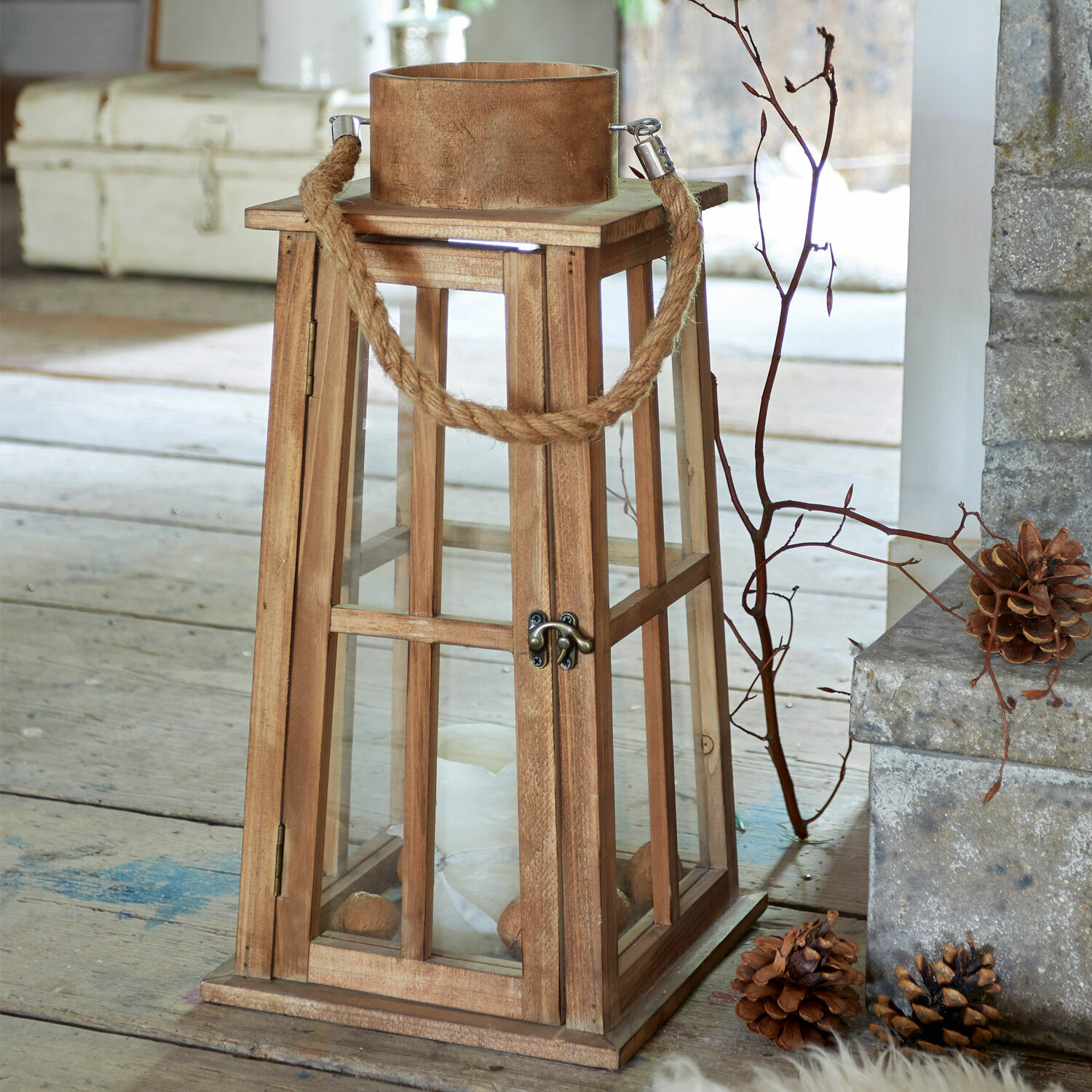 Linterna de madera con asa de cuerda y paneles de vidrio para vela, decoración rústica interior