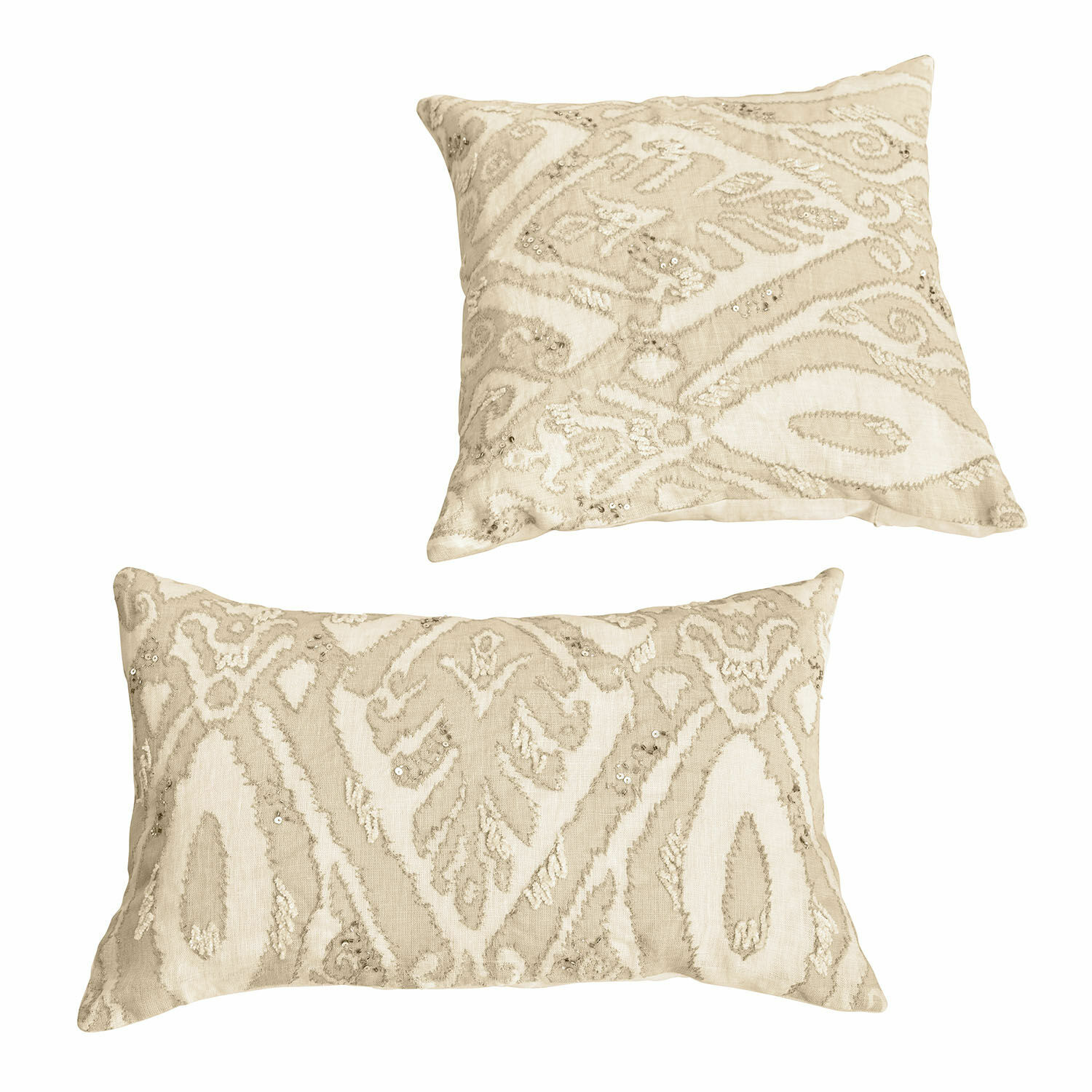 Cojines decorativos beige con bordado y lentejuelas, material suave, accesorios elegantes para salón