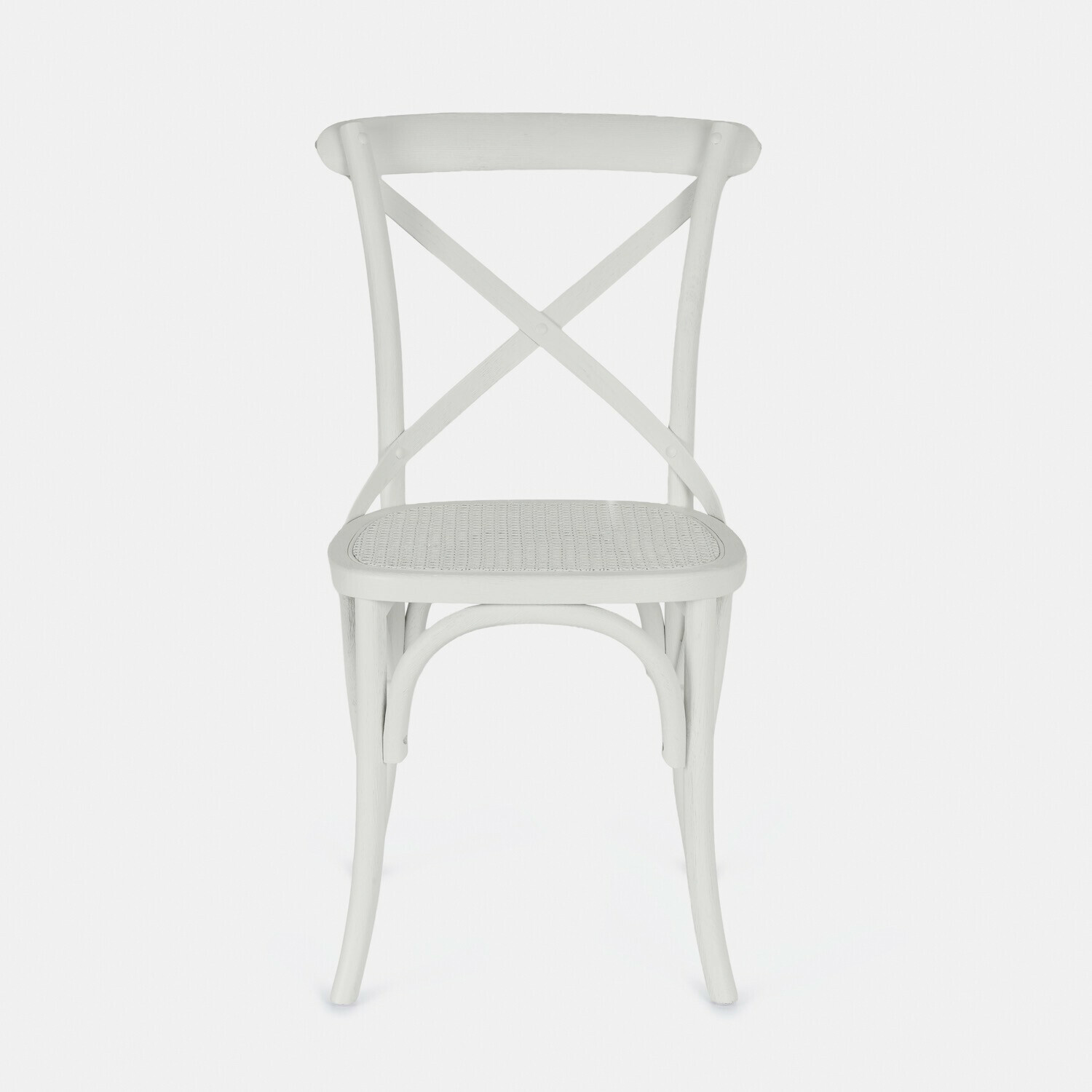 Silla Kary Silla de madera blanca con respaldo en forma de X y asiento de mimbre trenzado, estilo rústico