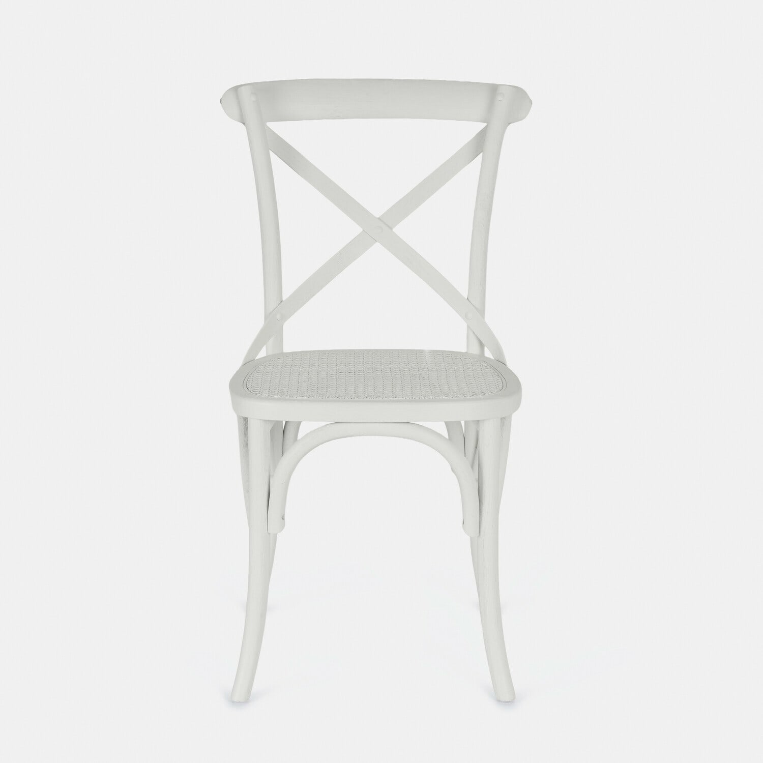 Silla Kary Silla de madera blanca con respaldo en forma de X y asiento de mimbre trenzado, estilo rústico