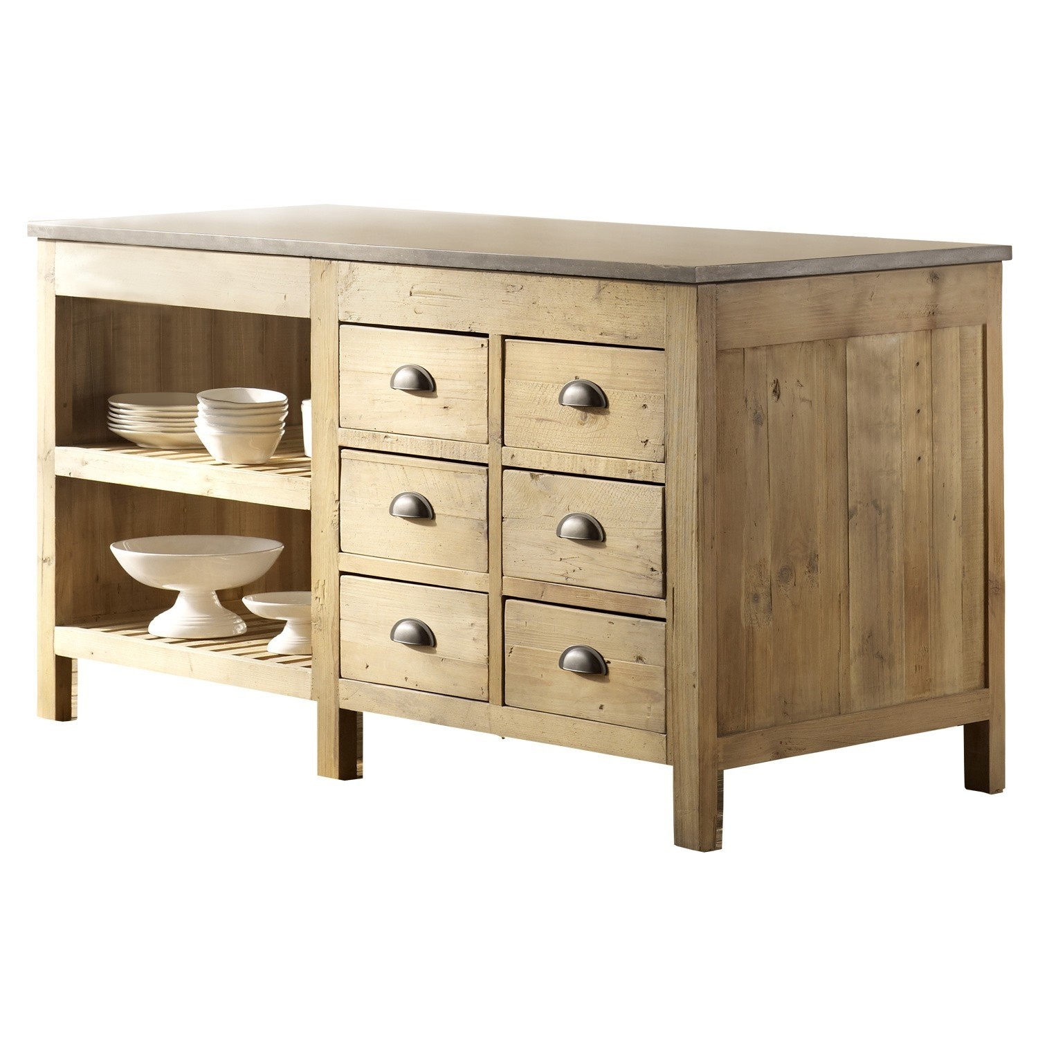 Mueble de cocina Crawley Isla de cocina de madera con seis cajones y estantes abiertos en color madera natural