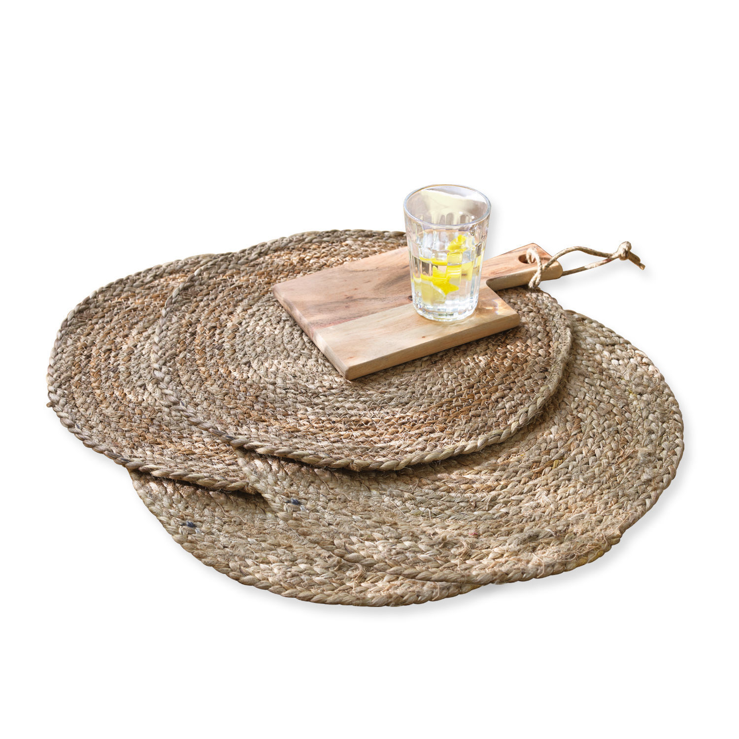 Set de 4 manteles individuales Dooling Juego de manteles individuales redondos de yute color natural con tabla de cortar y vaso de agua