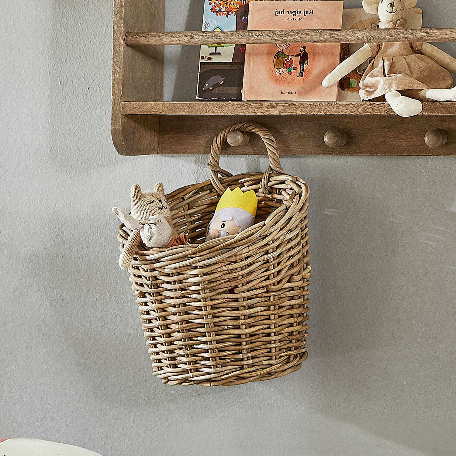 Cesta Korovu Cesta colgante de mimbre natural con juguetes, solución práctica de almacenamiento para habitación infantil
