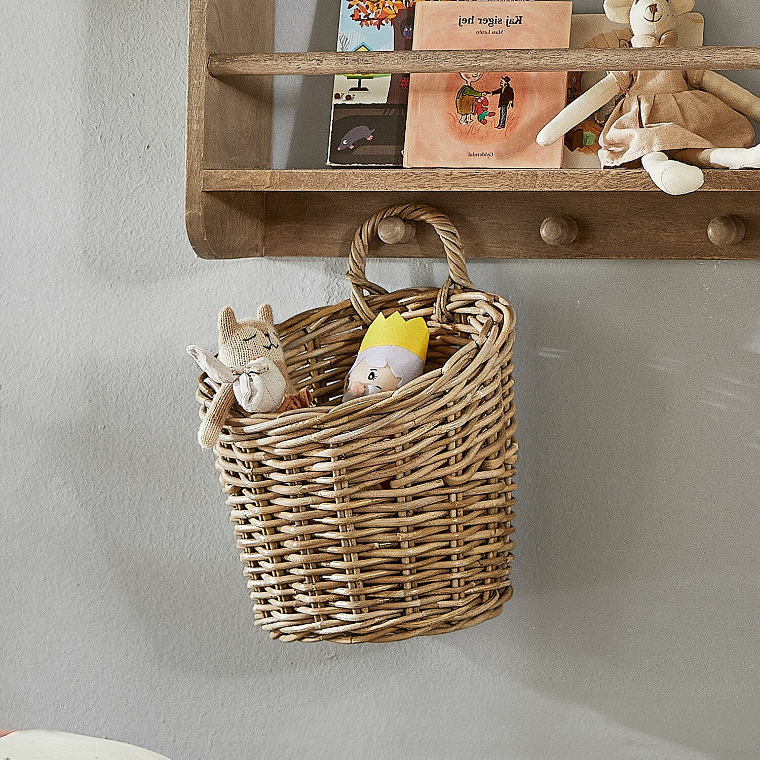 Cesta Korovu Cesta colgante de mimbre natural con juguetes, solución práctica de almacenamiento para habitación infantil