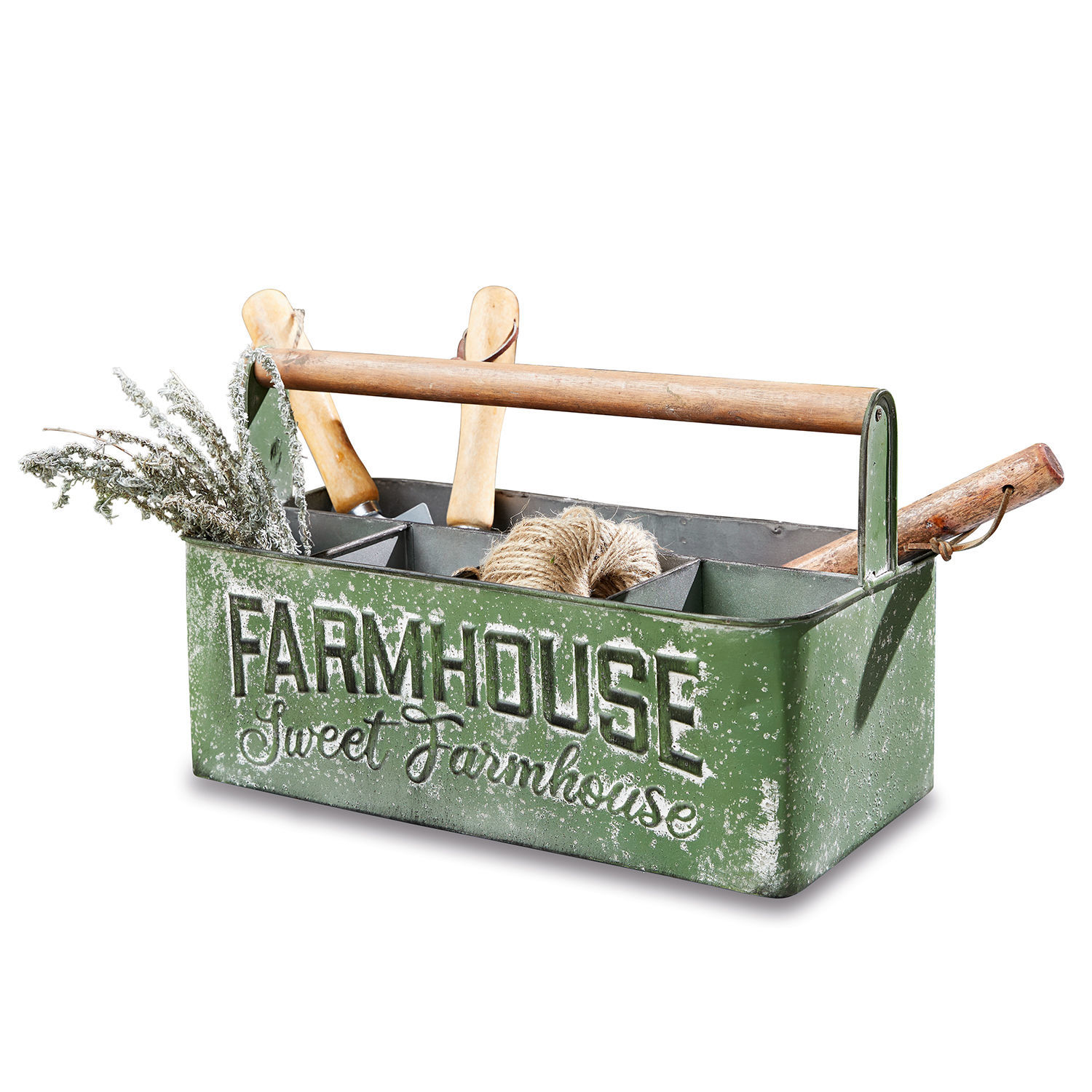 Organizador Farmhouse Organizador metálico verde con asa de madera y texto Farmhouse, con herramientas de jardín y cuerda