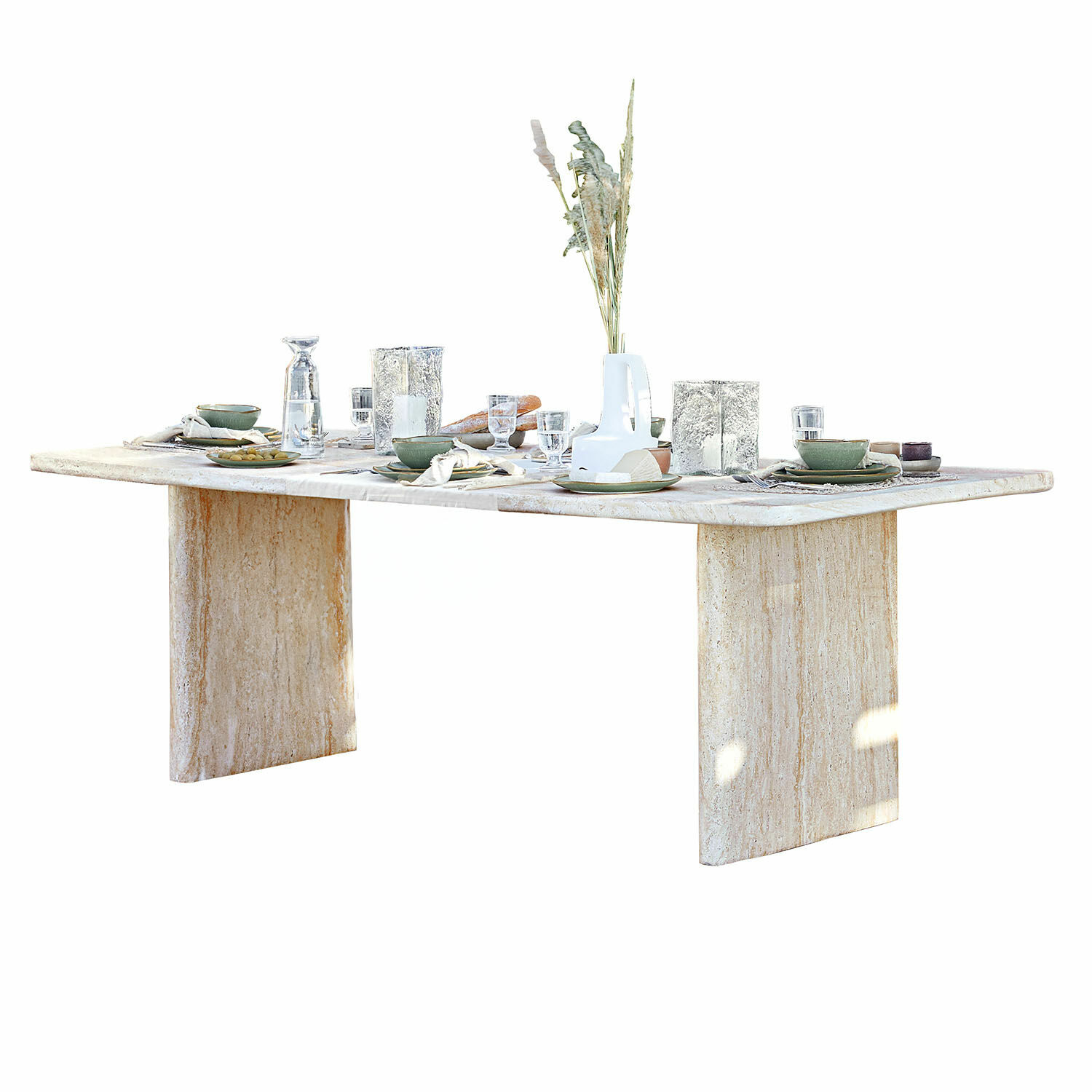 Mesa de comedor Yveline Mesa de comedor de mármol claro con decoración y vajilla verde, diseño moderno