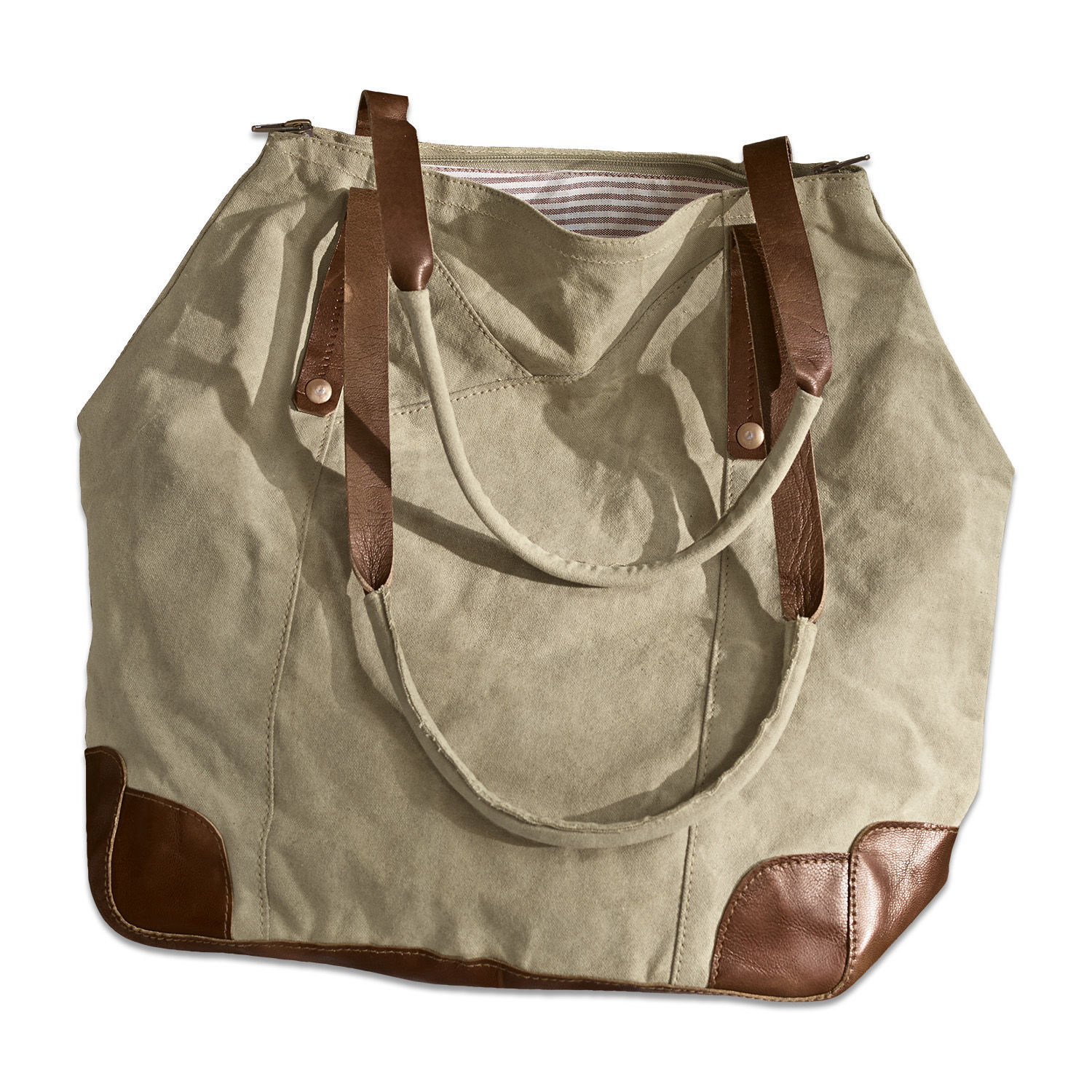 Bolso Padme Bolsa beige de lona con asas y refuerzos de cuero marrón, bolsa práctica para compras