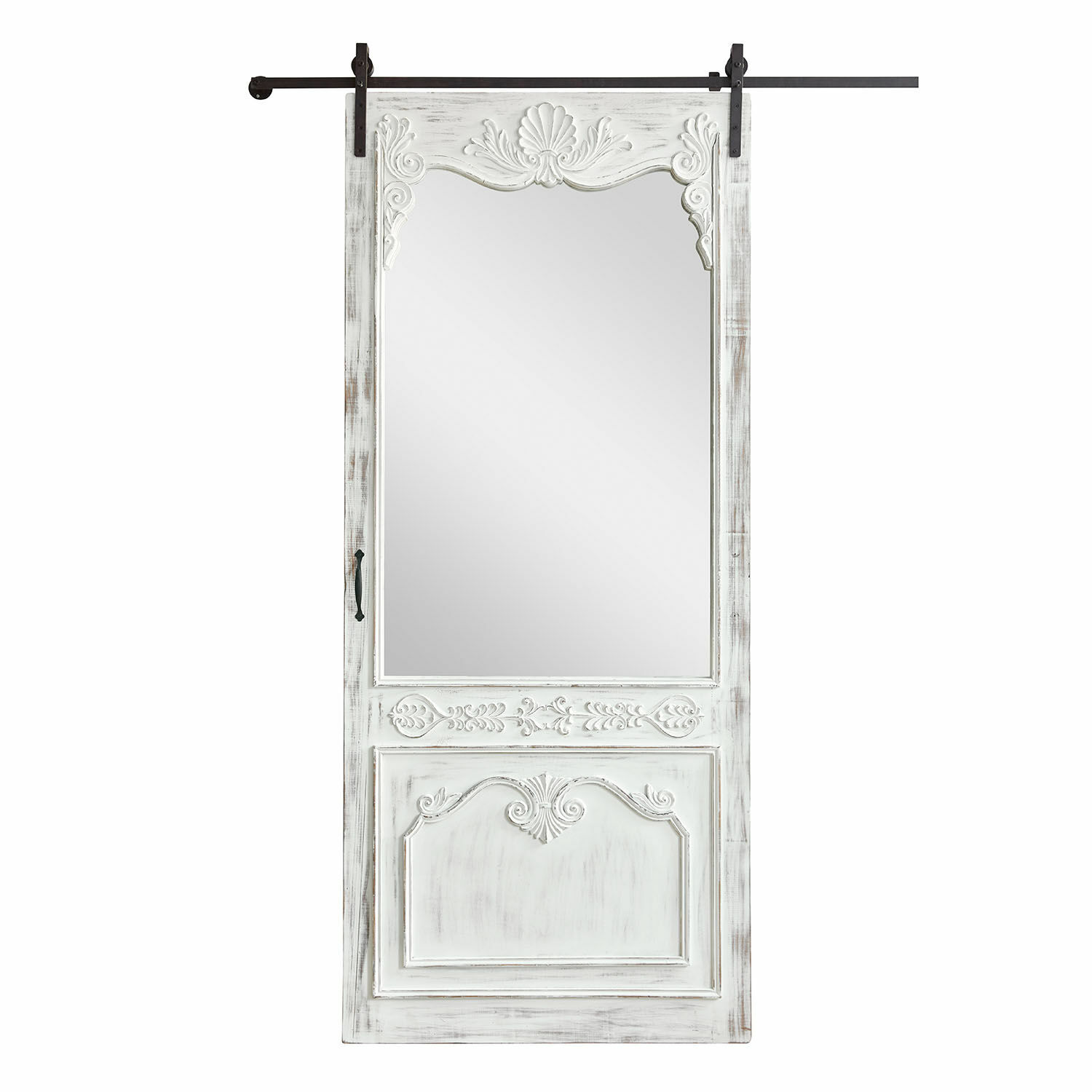 Puerta corredera de madera blanca con espejo y tallados decorativos para interiores vintage