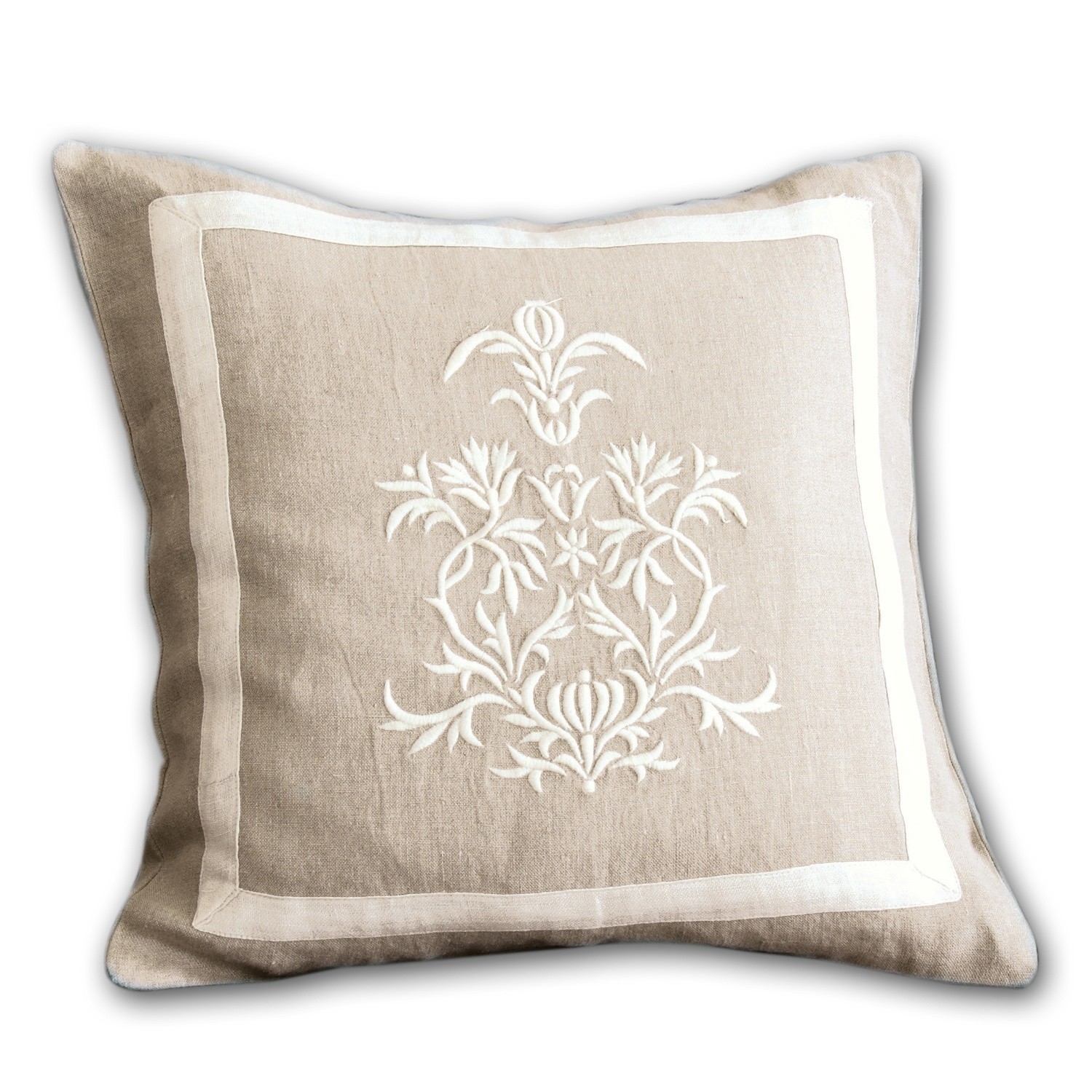Funda de cojín Many Cojín beige de lino con bordado blanco y borde, cojín decorativo para salón y dormitorio