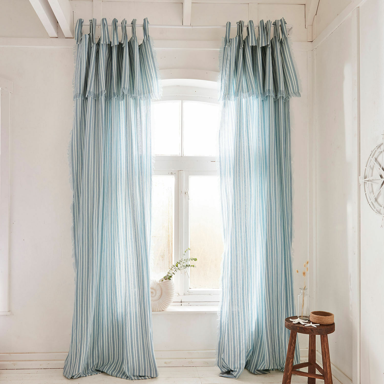 Cortina Anjoutey Cortinas de algodón a rayas azul claro y blanco, decoración de ventana luminosa, estilo costero
