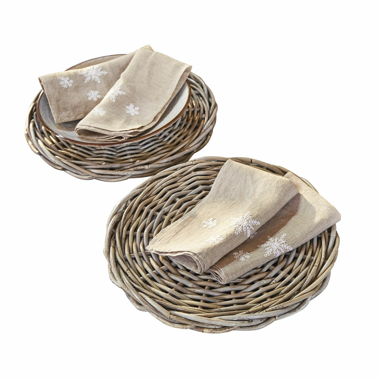 Set de 2 manteles individuales Bland Servilletas de lino beige con copos de nieve blancos sobre manteles individuales redondos de mimbre
