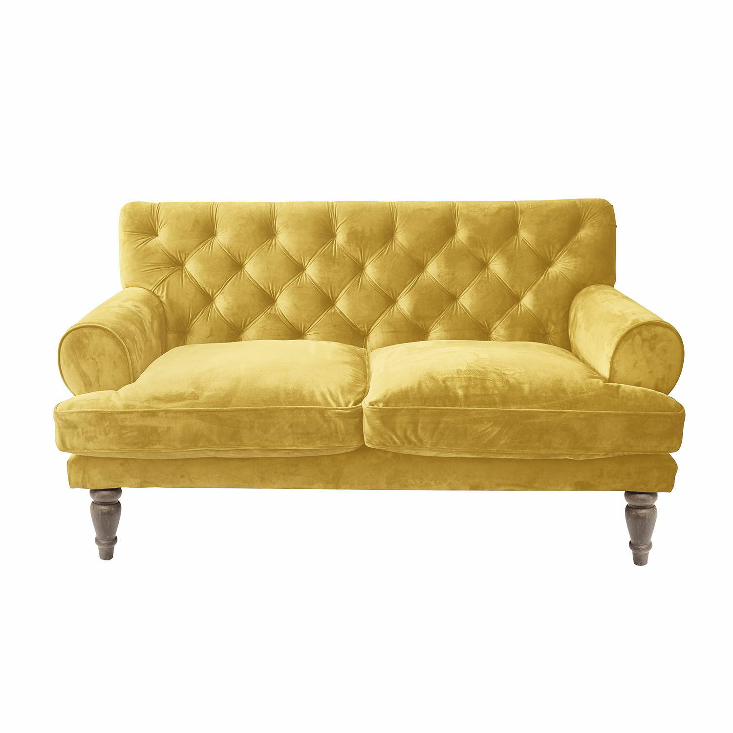 amarillo Sofá Carme amarillo de terciopelo con respaldo capitoné y patas de madera, cómodo para salón