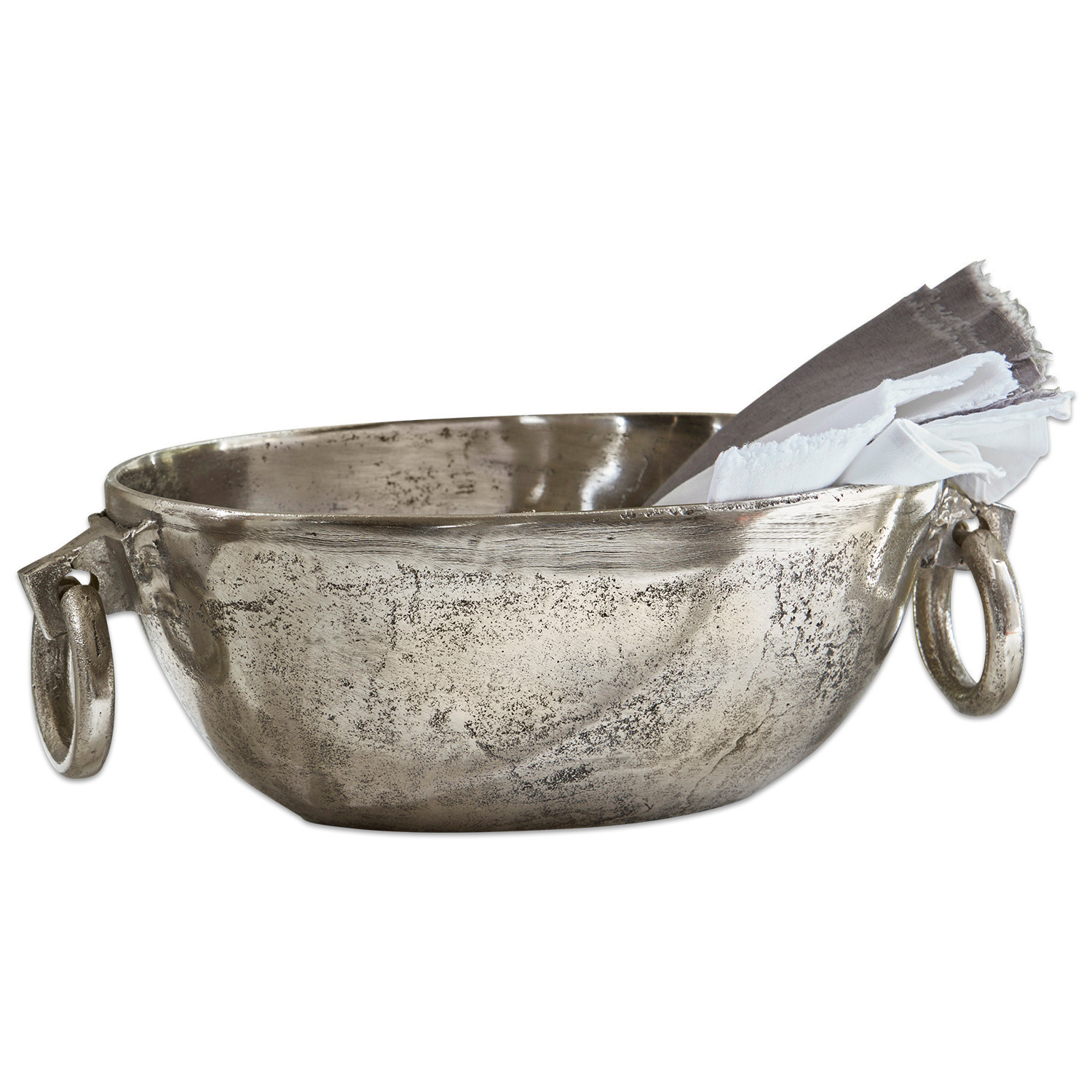 Cuenco Starlett Cuenco decorativo de metal plateado con asas y servilletas de lino, estilo rústico