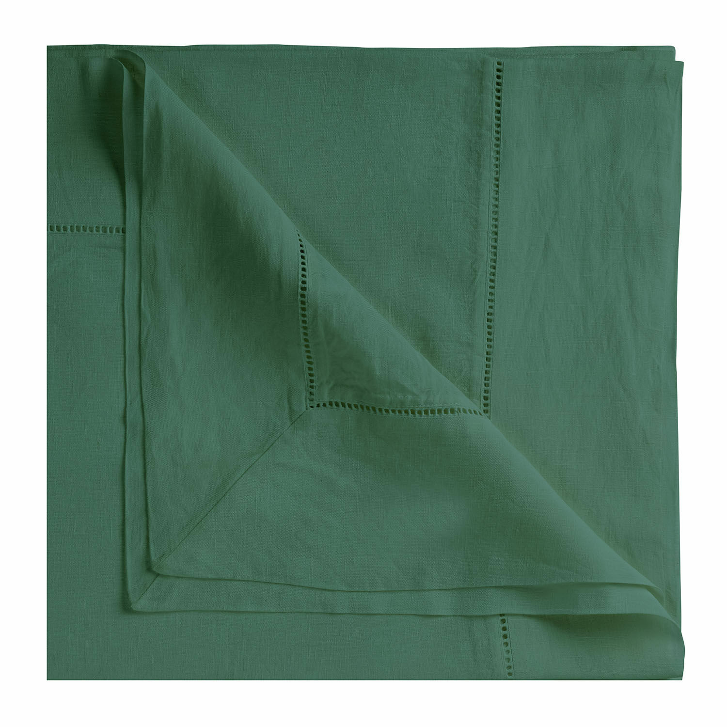 Mantel de lino verde con bordado delicado, ideal para decoración de mesa natural