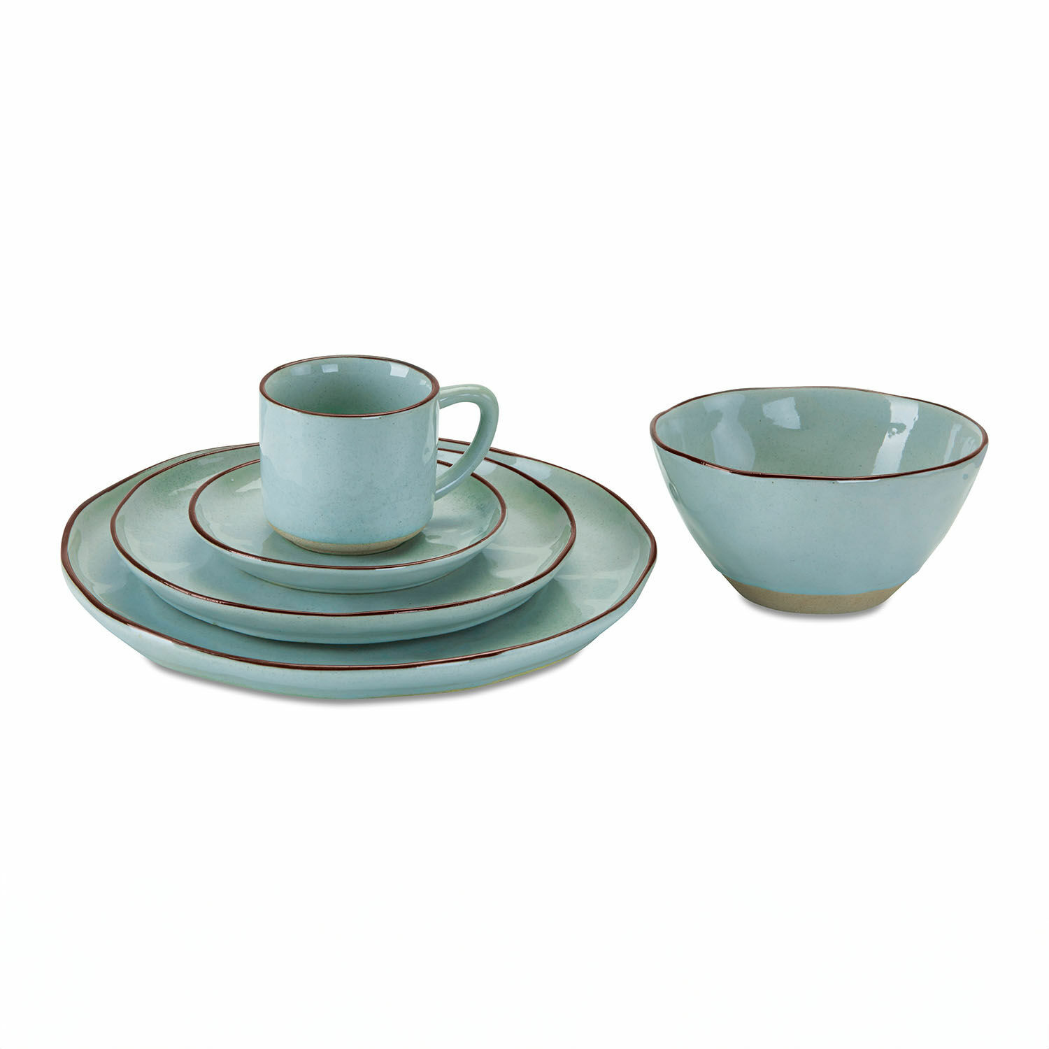 Set de 30 piezas de vajilla Biarré Juego de vajilla de cerámica azul con borde marrón, incluye platos, taza y cuenco