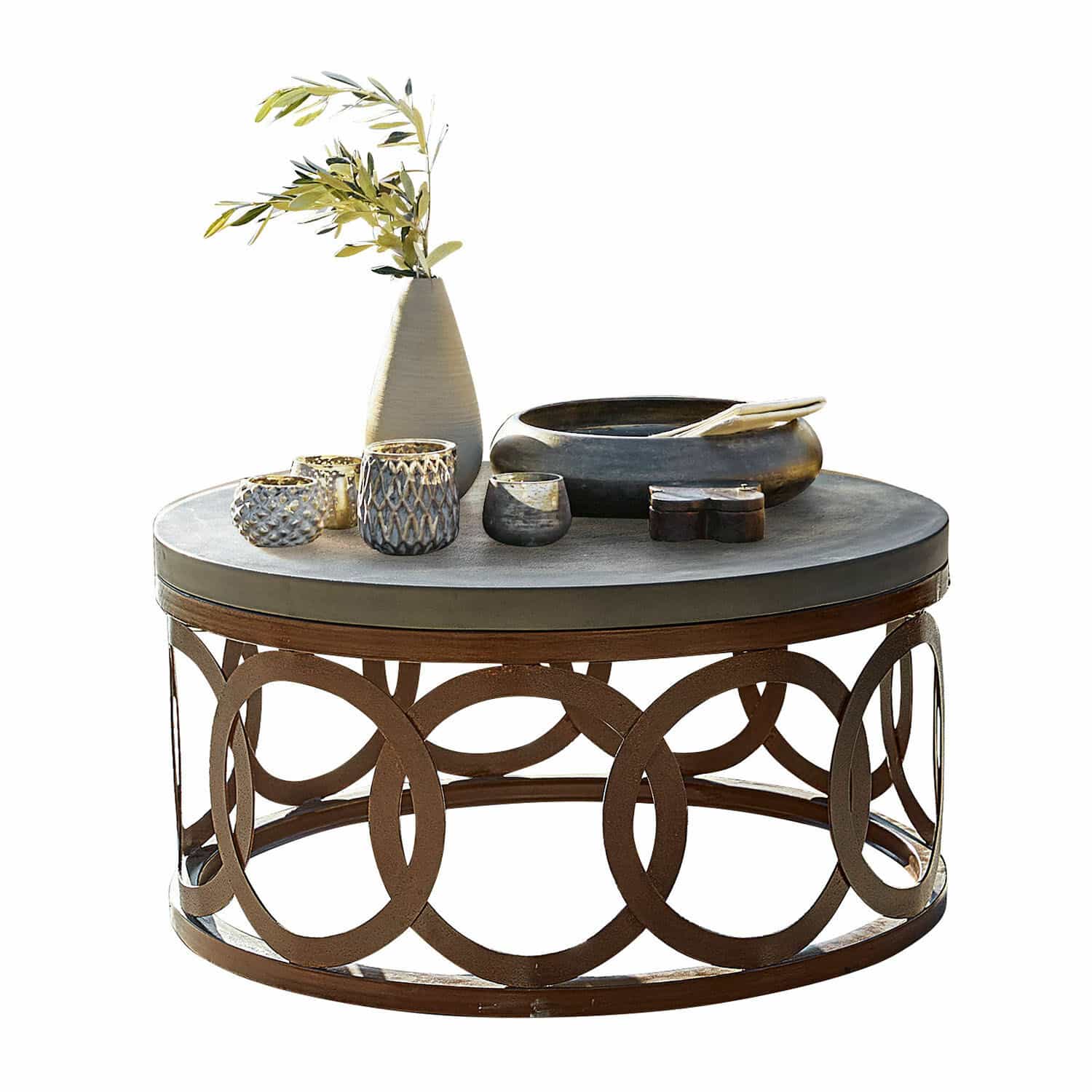 Mesa de centro Boécourt Mesa de centro redonda con base metálica oxidada y superficie de hormigón, decoraciones encima