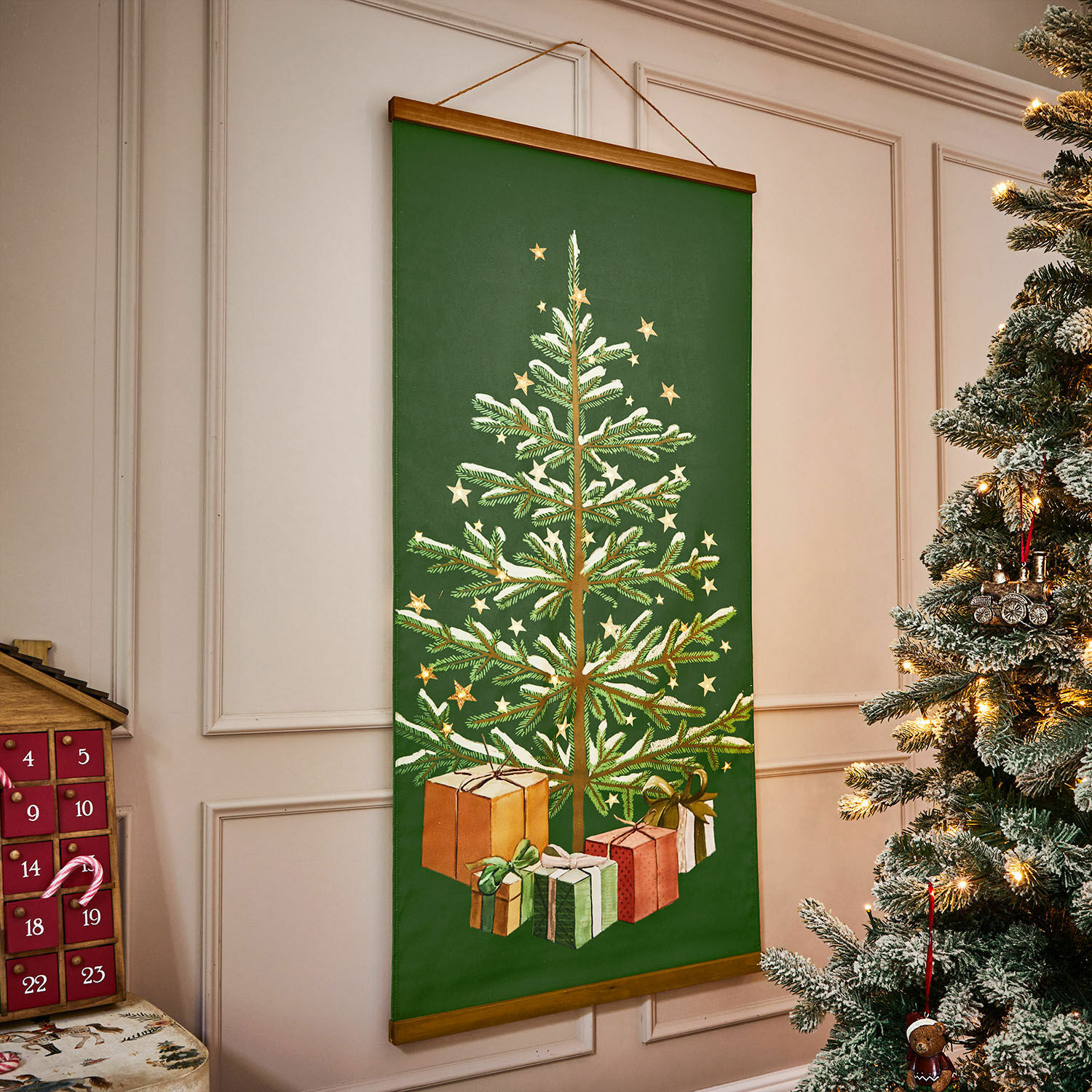 Cuadro con luces LED Naluma Cartel navideño verde con árbol de Navidad y regalos, decoración festiva para el hogar, motivo navideño