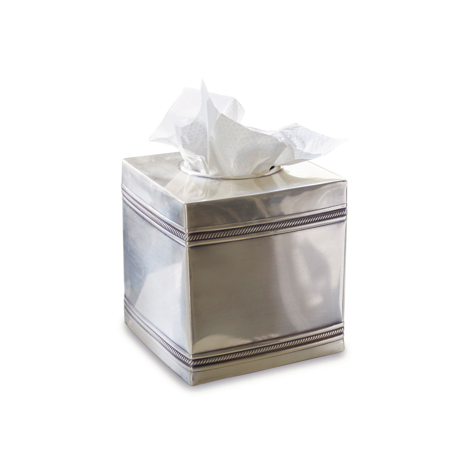 Caja de pañuelos Semoine Dispensador de pañuelos metálico plateado en forma de cubo con banda decorativa