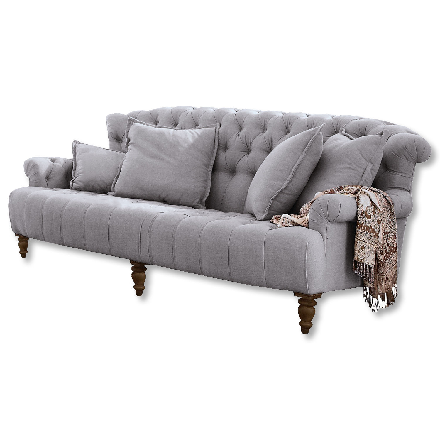 Sofá Springfield Village Sofá gris tapizado en tela con respaldo capitoné y patas de madera, chal decorativo