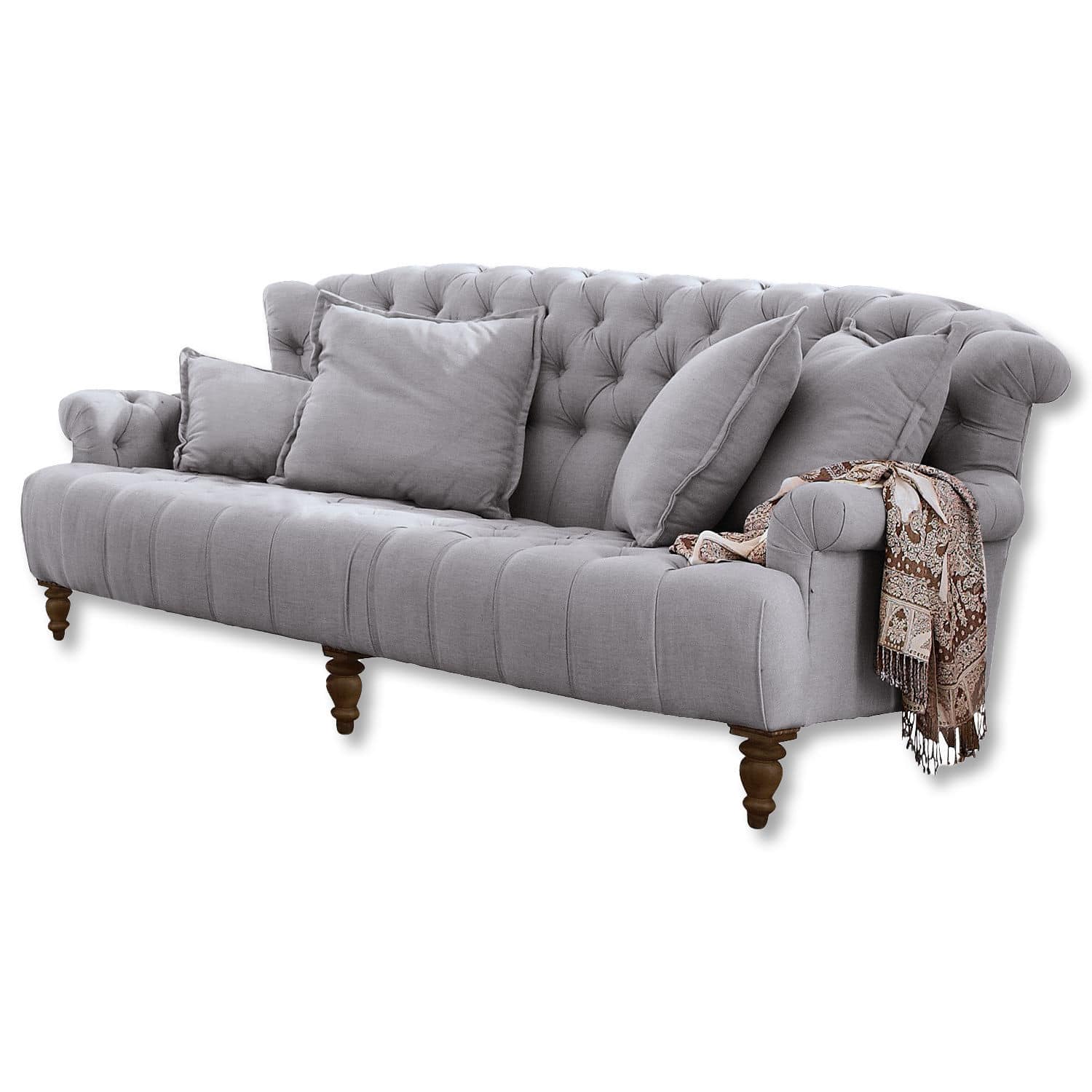 Sofá Springfield Village Sofá gris tapizado en tela con respaldo capitoné y patas de madera, chal decorativo