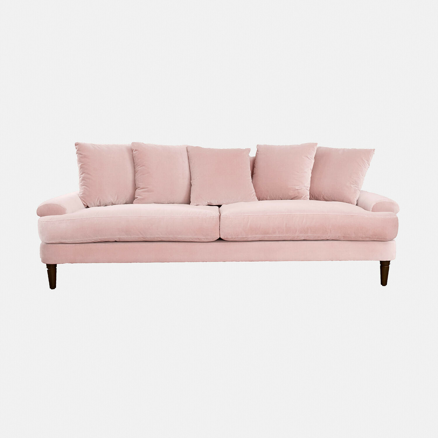 rosa claro Sofá Rivermere rosa de tela suave con cojines, mueble cómodo para salón moderno