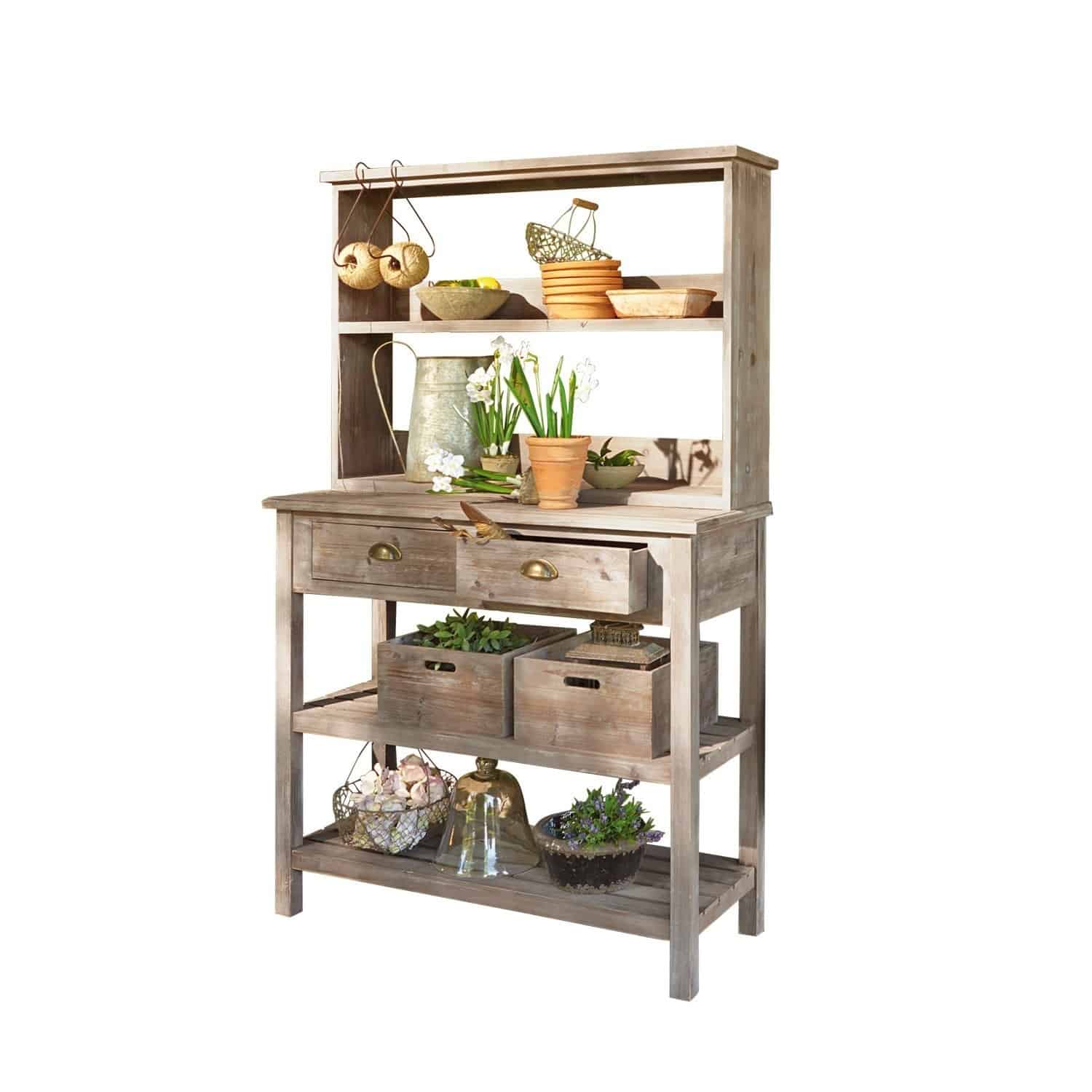 Mesa de jardinería Landover Mueble de jardín de madera con estantes y cajones, decorado con macetas y herramientas de jardinería