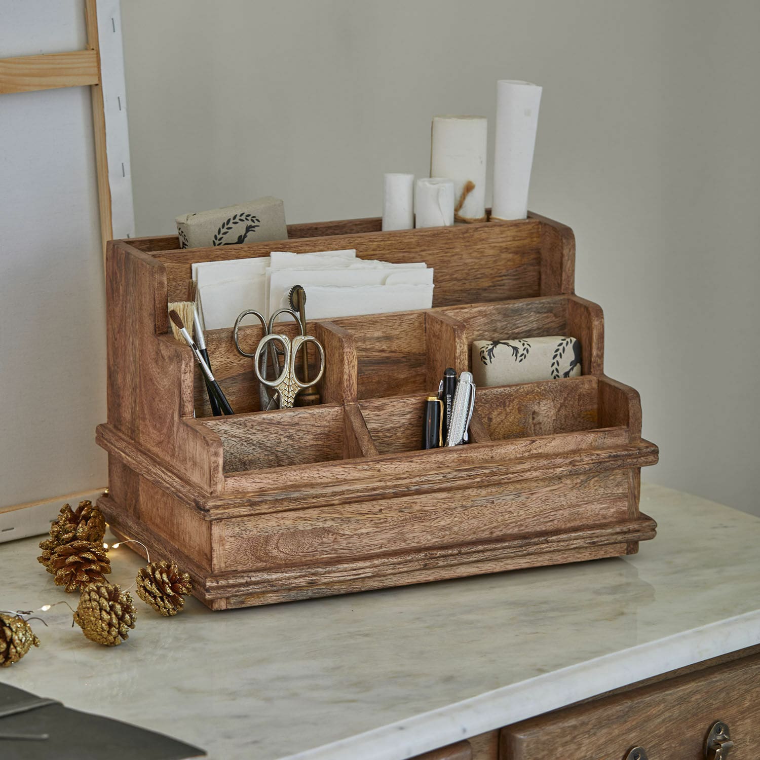 Organizador Darymin Organizador de escritorio de madera natural con compartimentos para útiles y documentos