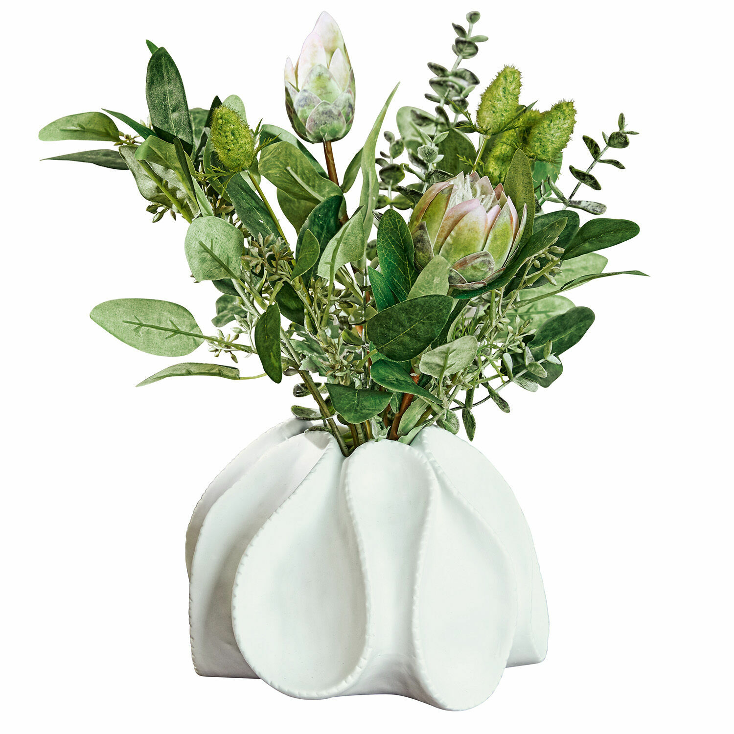 Jarrón de cerámica blanca con hojas verdes y flores decorativas para interiores