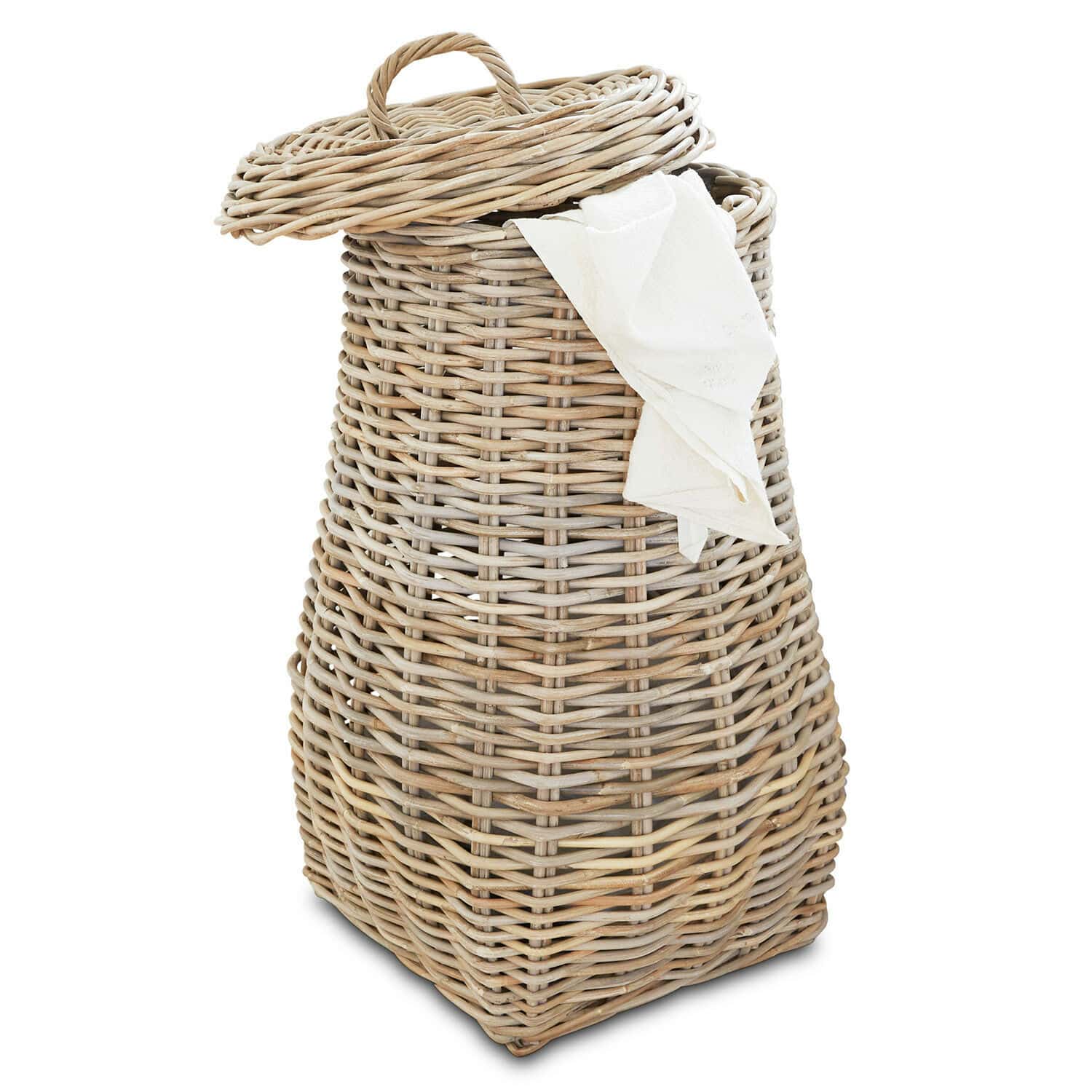 Cesto para ropa Sandy Cesto de ropa de ratán natural con tapa y tela blanca, práctico para el hogar
