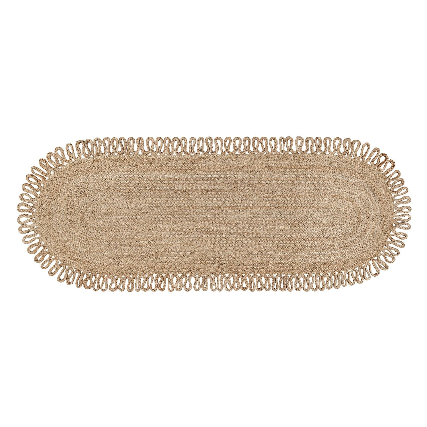 Alfombra ovalada de yute natural beige con bordes decorativos en bucles, decoración para suelo